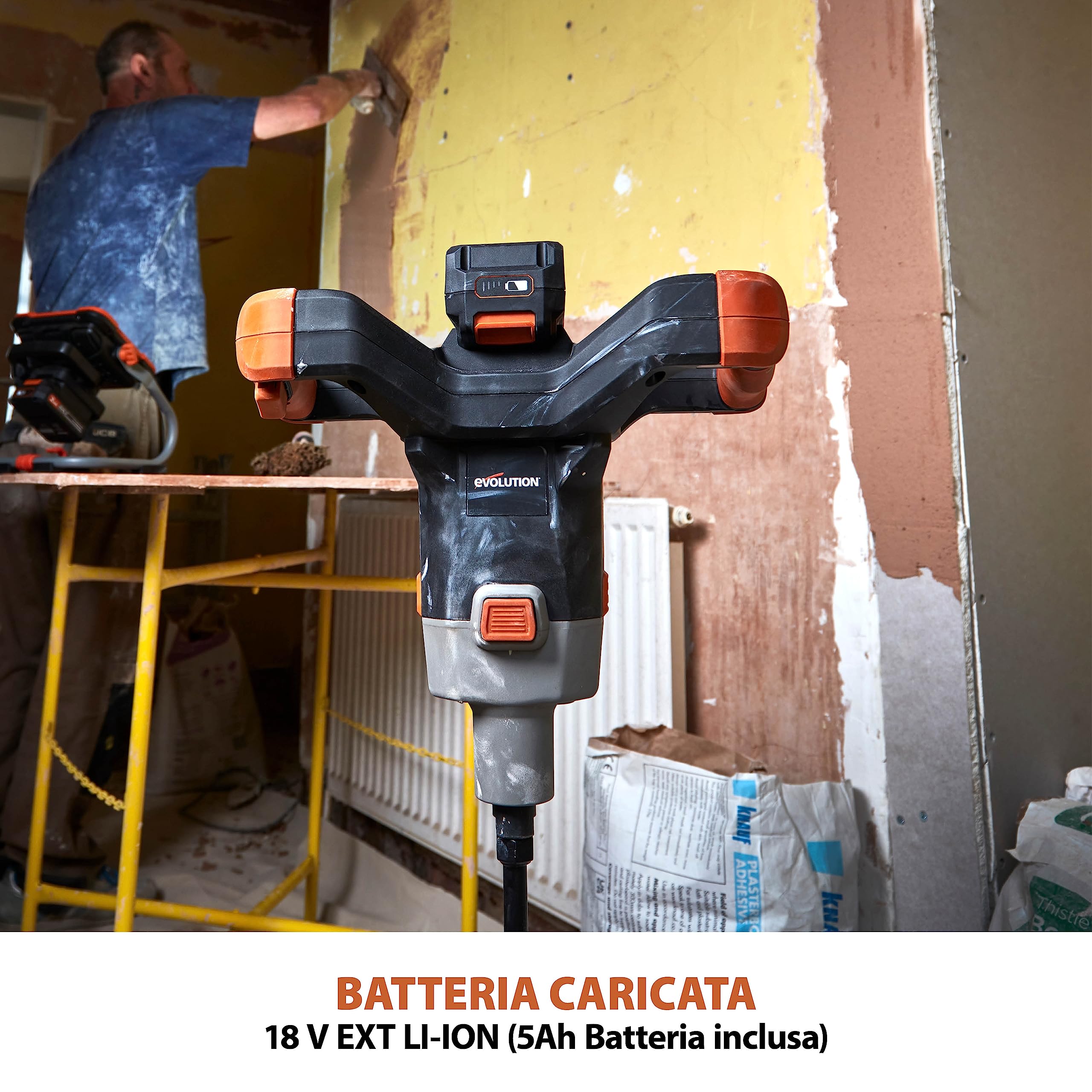 Evolution Power Tools R120MXR-LI (Caricata) - Miscelatore Senza Fili, Portatile, Pagaia Inclusa (Perfetto Per Gesso, Vernice, Malta, Cemento), Batteria E Caricabatteria Inclusa