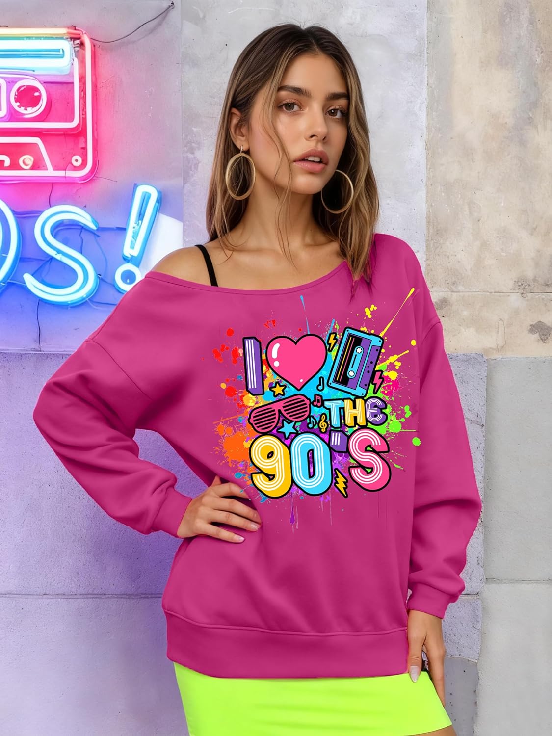 90s Outfit for Women Sexy Off The Shoulder Sweatshirt I Love The 90's Shirt Oversized Long Sleeve Pullover Top - Image 2