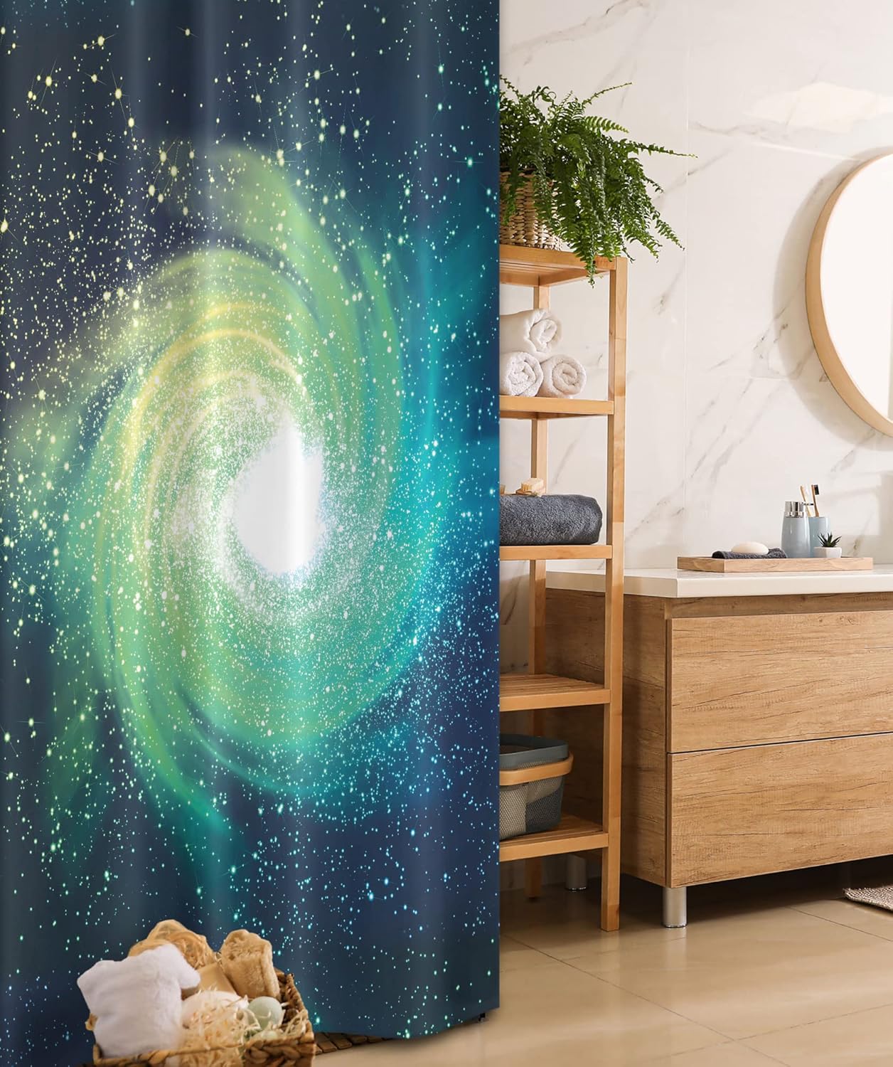 Ambesonne Galaxy Stall Shower Curtain, Outer Space Theme Image Spiral Galaxy Stardust Astromony Cosmos Milky Way Stars Print, Fabric Bathroom Decor Set with Hooks, 36" W x 72" L, Navy Teal