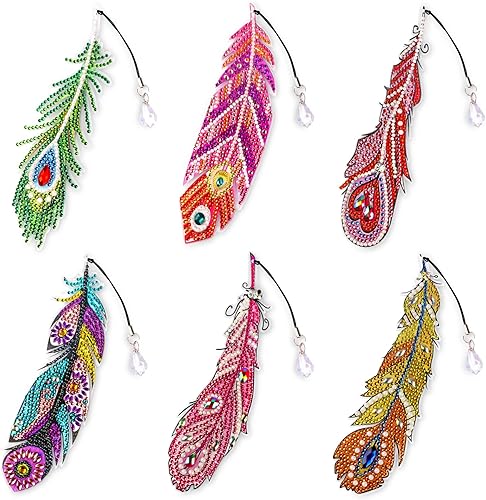 NAIMOER Paquete de 6 marcadores de pintura de diamantes, marcadores de pintura de diamantes de plumas 5D con borla de cristal y diamantes de