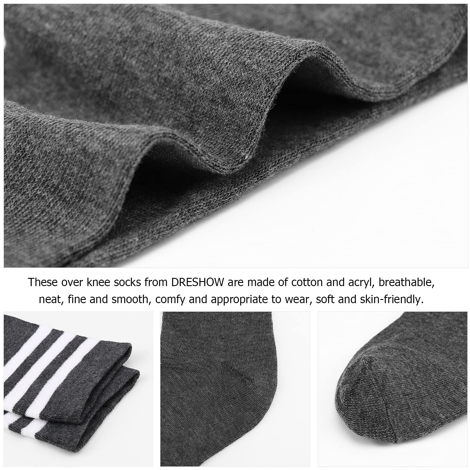 DRESHOW Extra Long High Thigh Socks Striped Over Knee Thin Tights Long Stocking: 2 Pairs Stockings With Stripe A: White, Grey