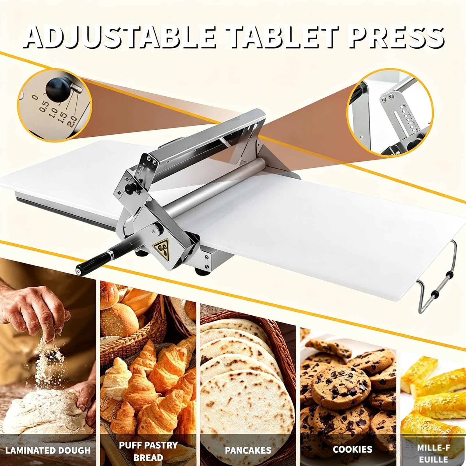 Rouleau à pâtisserie pliable en acier inoxydable avec épaisseur réglable pour boulangerie, pizza, croissants, pâtisseries 400