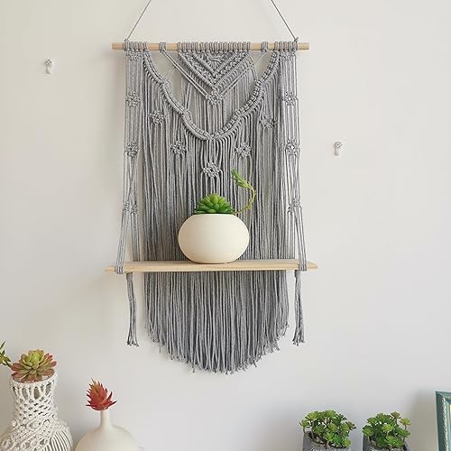 Miniatura 3 de Juego de 3 estantes flotantes de macramé para colgar en la pared, hechos a mano con cordón de algodón tejido de madera para colgar en el