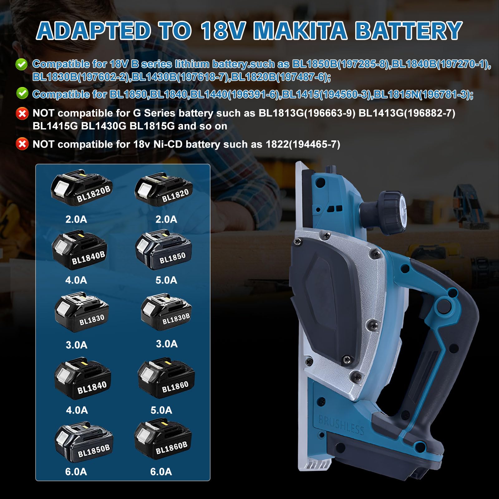 Strug akumulatorowy kompatybilny z akumulatorem Makita 18 V (82 mm, bez akumulatora / bez ładowarki), 20 000 obr./min, bezszczotkowy silnik, strug elektryczny do obróbki drewna, niebieski
