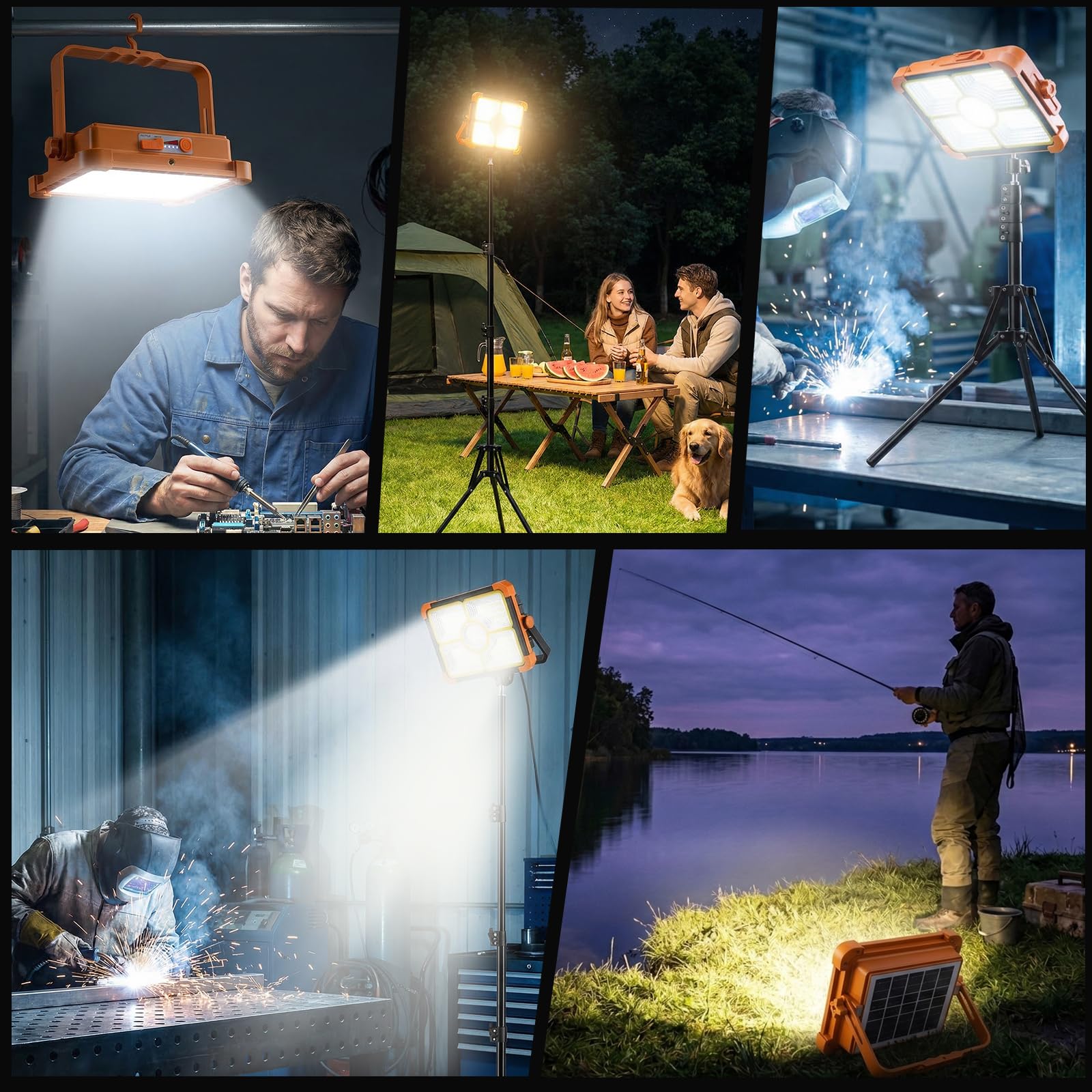 Lampe de camping rechargeable avec trépied, lampe de travail solaire portable 12 000 mAh, lampe de travail LED sans fil 12 000 lm avec 5 modes, étanche, équipement de camping, réparation de voiture
