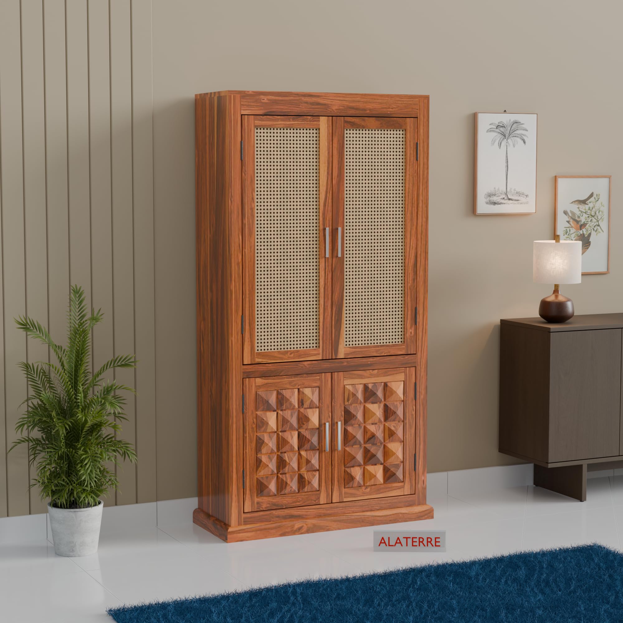Solid Wood Storage Cabinet with Cane Doors & Carved Panels | Modern Wooden Wardrobe Organizer for Living Room, Bedroom & Dining Room (Natural Finish)-image-48