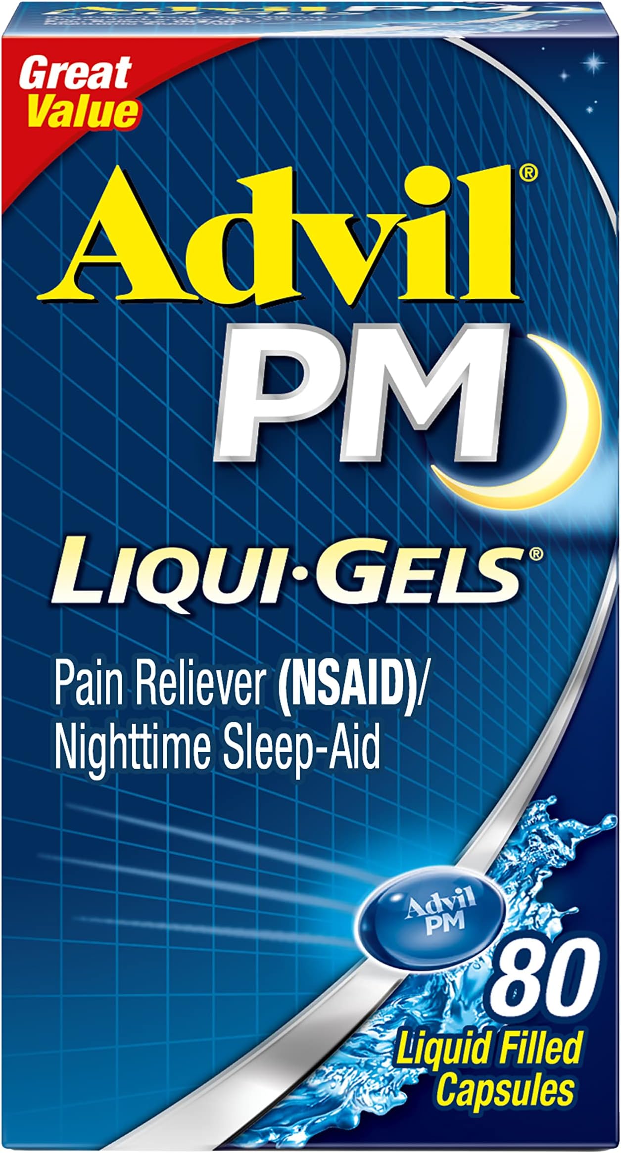 PM Liqui-Gels Pain Reliever and Nighttime Sleep Aid, Pain Medicine with Ibuprofen for Pain Relief and Diphenhydramine HCL for a Sleep Aid - 80 Liquid Filled Capsules - Back to College