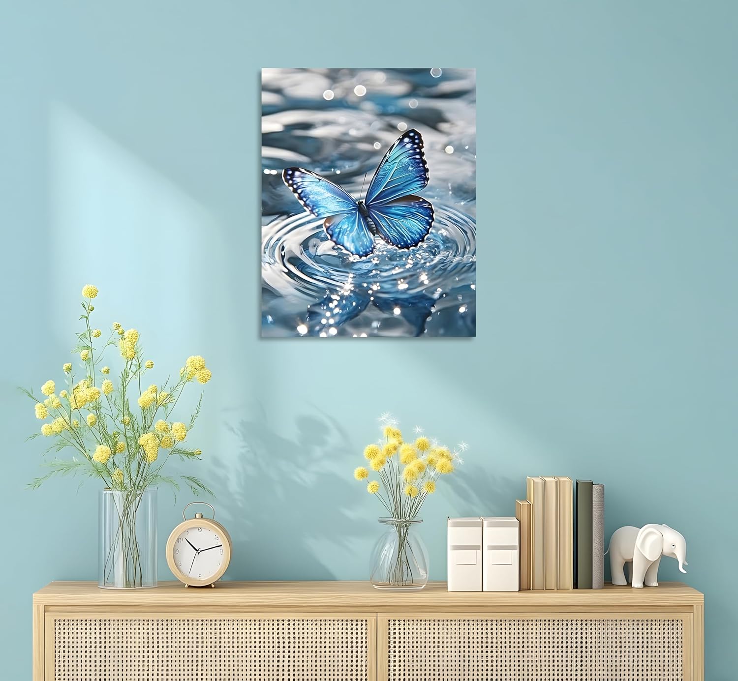 OWNANRTHM Blue Butterfly Canvas Wall Art Butterfly Picture Framed Blue Butterflies Playing in the Water Poster Vintage Butterflies Painting for Bathroom Living Room Yoga Room Wall Framed 16X20 inch