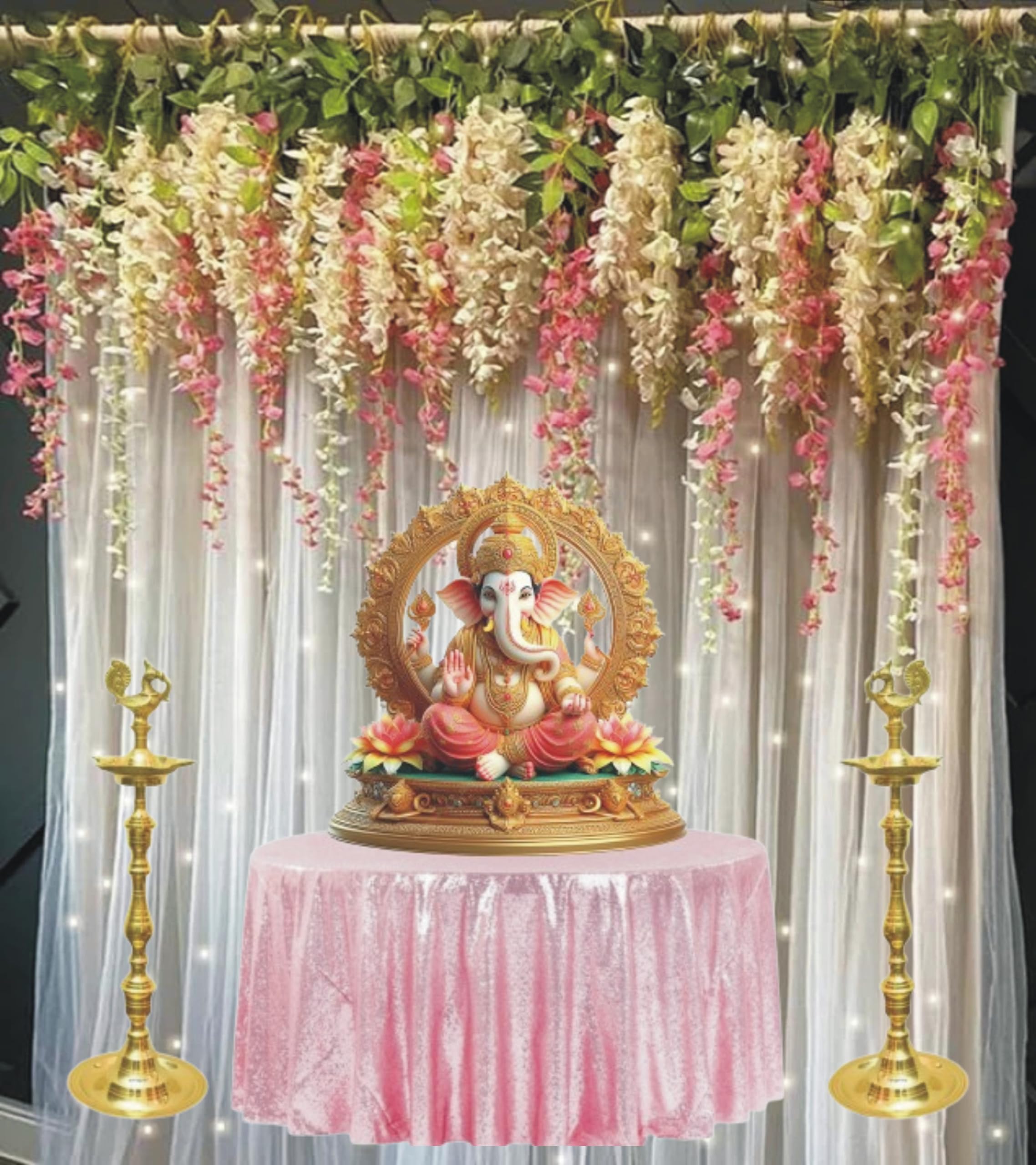 Lazybeee 19pcs Elegant White Sheer Backdrop with Pink & Cream Wisteria with for Festive Home Decor Celebration | Enhance Your Home with Ganpati Pandal Decoration Kit