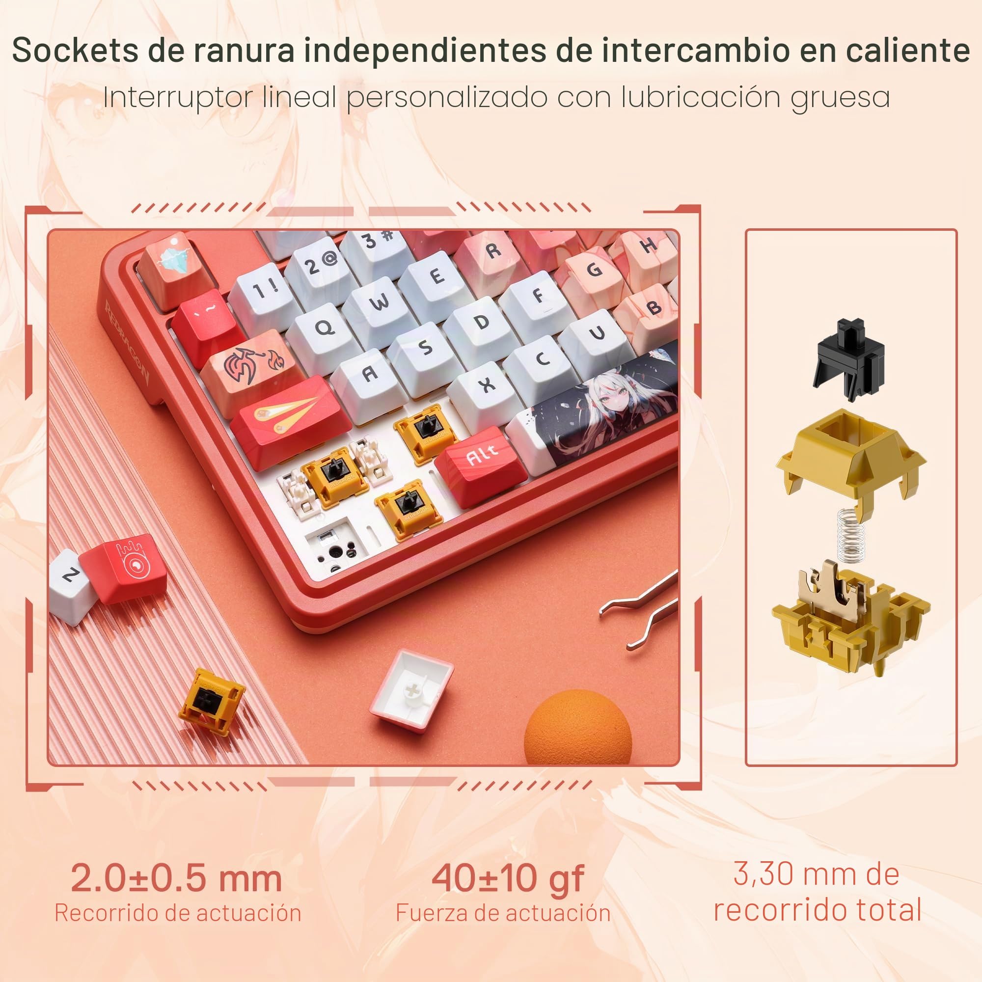 Redragon K673 Pro SE Teclado Gasket RGB 75% 81 Teclas 3 Modos Anime | US Layout Teclado Mecánico Hot Swap 5 Capas Amortiguación Ruido Diseño Anime Iluminación RGB