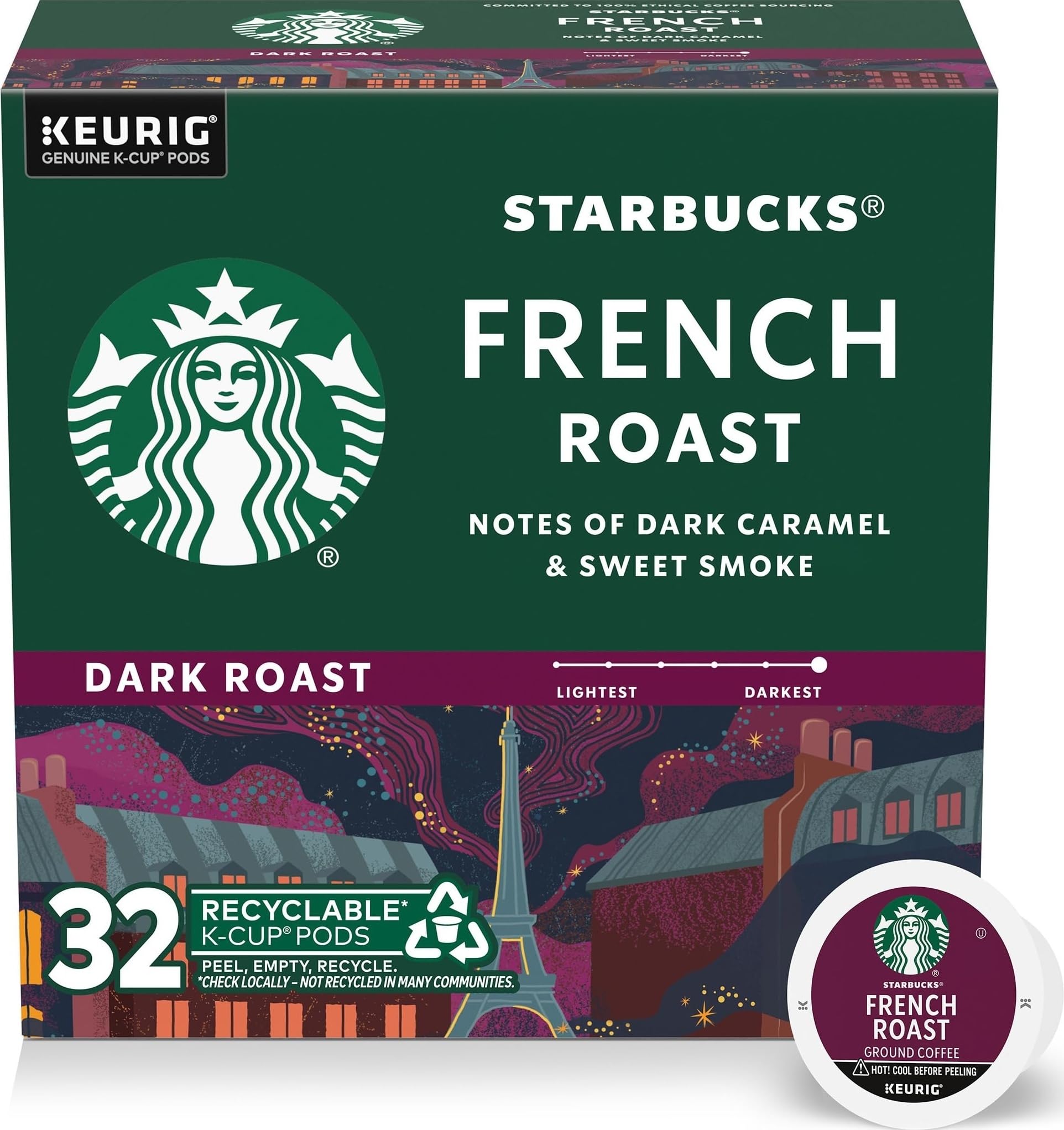 Starbucks Cápsulas de café Dark Roast K-Cup, tostado francés para cafeteras Keurig, 1 caja (32 cápsulas)