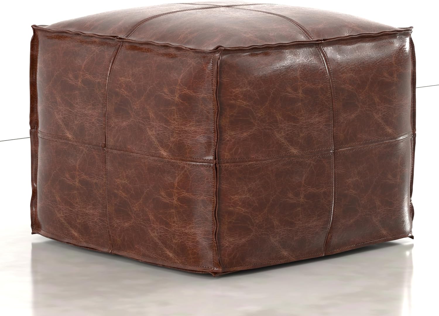 SIMPLIHOME Sheffield Square Pouf - 18" Wide x 14" High Genuine Leather Ottoman in Weathered Camel, Boho-Style Footrest, Extra Seating, or Accent Piece for Living Room or Bedroom, Assembled