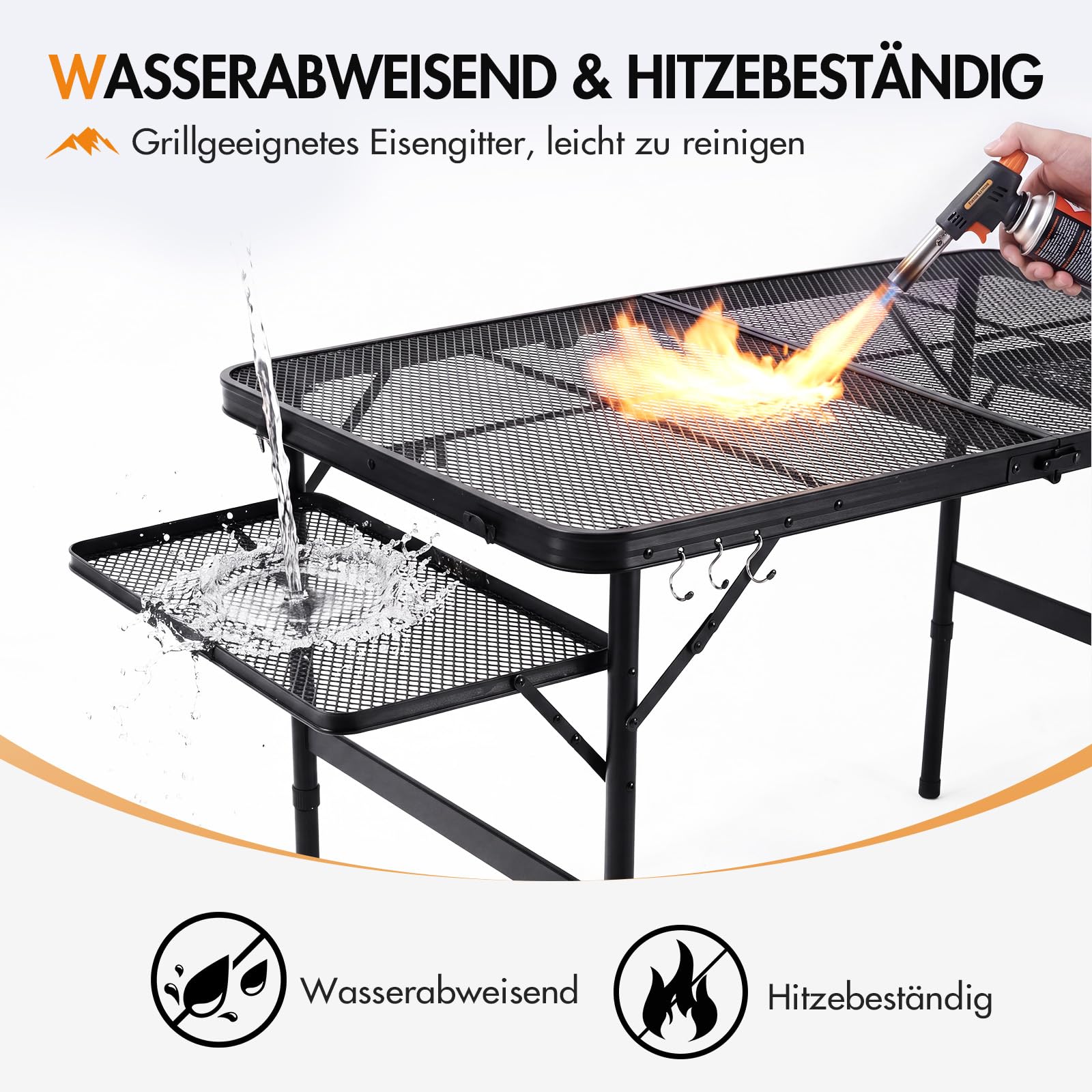 Campingtisch faltbar Grilltisch klappbar 144x60cm groß stabil Outdoor | Eisen-Mesh, wasserfest, hitzebeständig, feuerfest, 2 Höhen, 4-6 prosonen, multifunktionale Zonen, groß, stabil