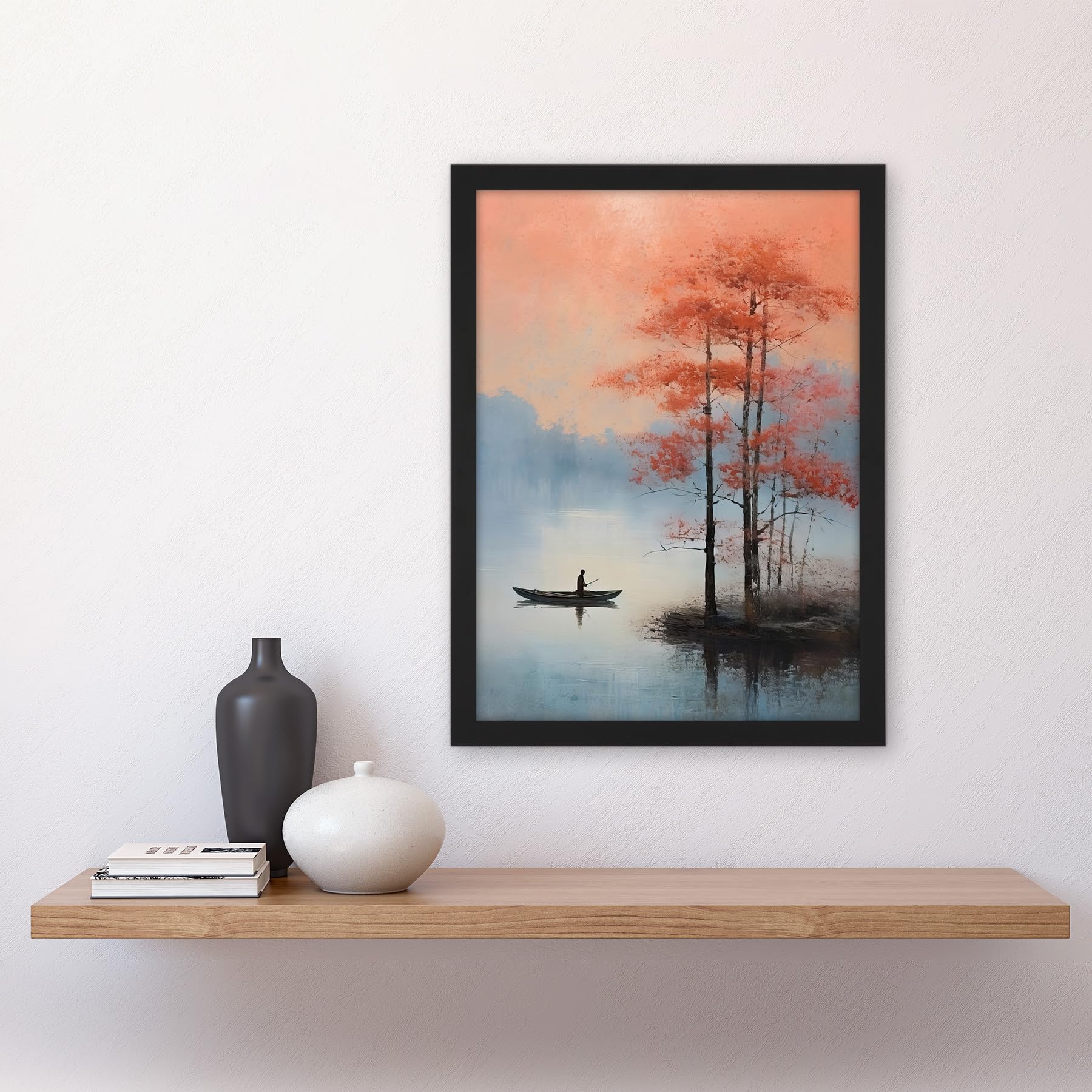 Artery8 Canoe Boat on Misty Lake Oil Painting Landscape Blue Pink Blossom Tree Early Morning Artwork Framed A3 Wall Art Print - Image 2