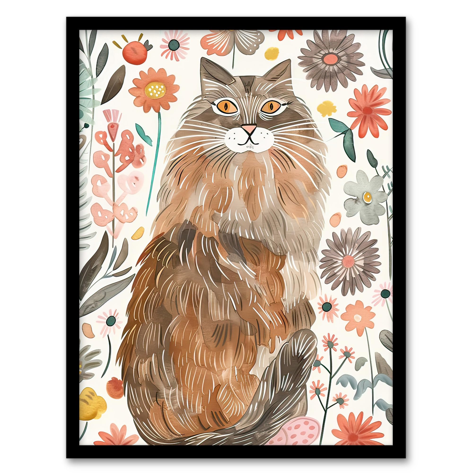 Artery8 Cat Lover Maine Coon Folk Art Floral Watercolour Living Room Artwork Framed Wall Art Print 18X24 Inch