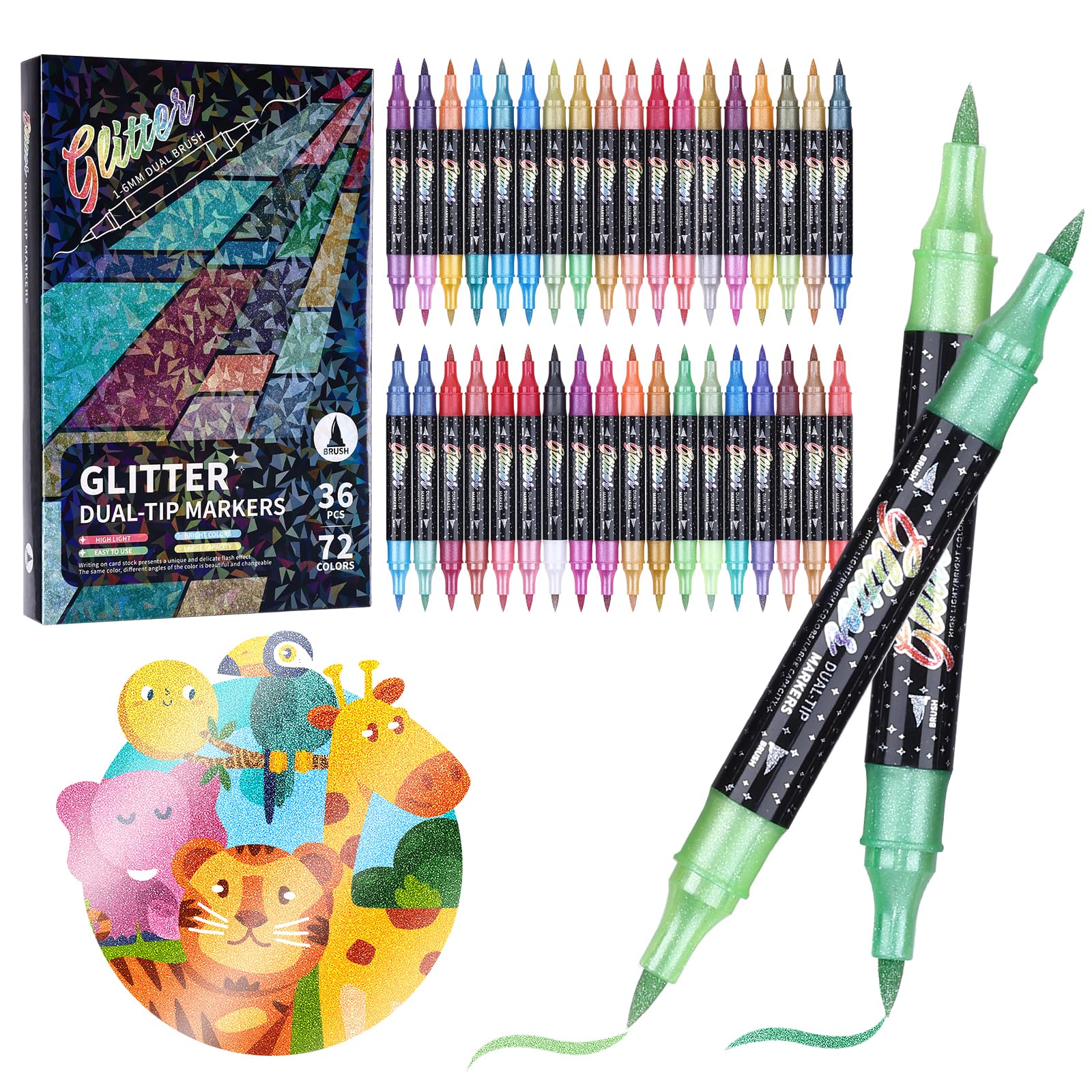 KEMYR Glitter Brush Markers Pens,72 Colors Dual Tip Glitter Pens Set 36 Pack Metallic Sparkle Markers for Cards, DIY Crafts, Doodle, Writing, Adults Coloring Books, Art Supplies Scrapbooking