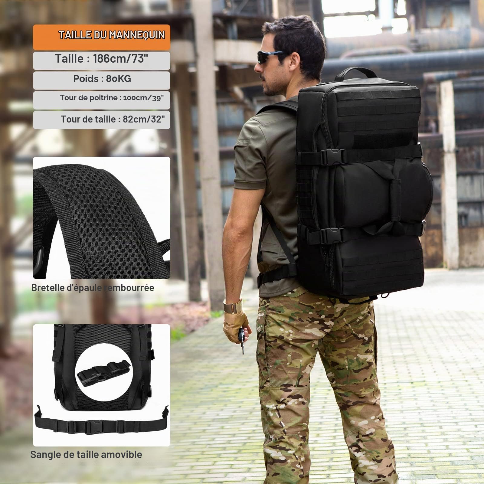 HUNTVP Sac à Dos de Grande Capacité 60L pour Homme - Sacs de Bagage Tactique Militaire Molle - Sac en Nylon pour Voyage, Escalade, Chasse, Camping, Randonnée, Cyclisme