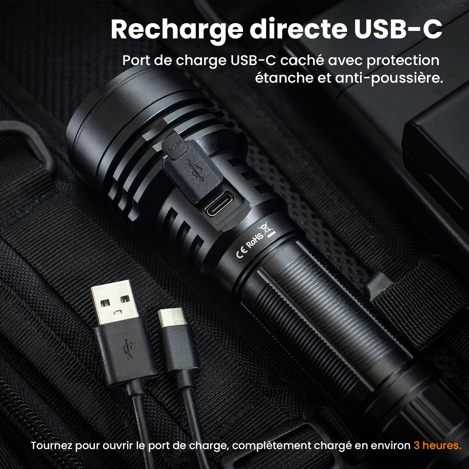 sofirn C8L Lampe Torche Tactique Lampe de Poche LED Puissante 3100 lumens, Portée de 531m, Lampe Tactique Rechargeable Militaire étanche IPX8, Pour Urgence, Recherche et Utilisation en Extérieur