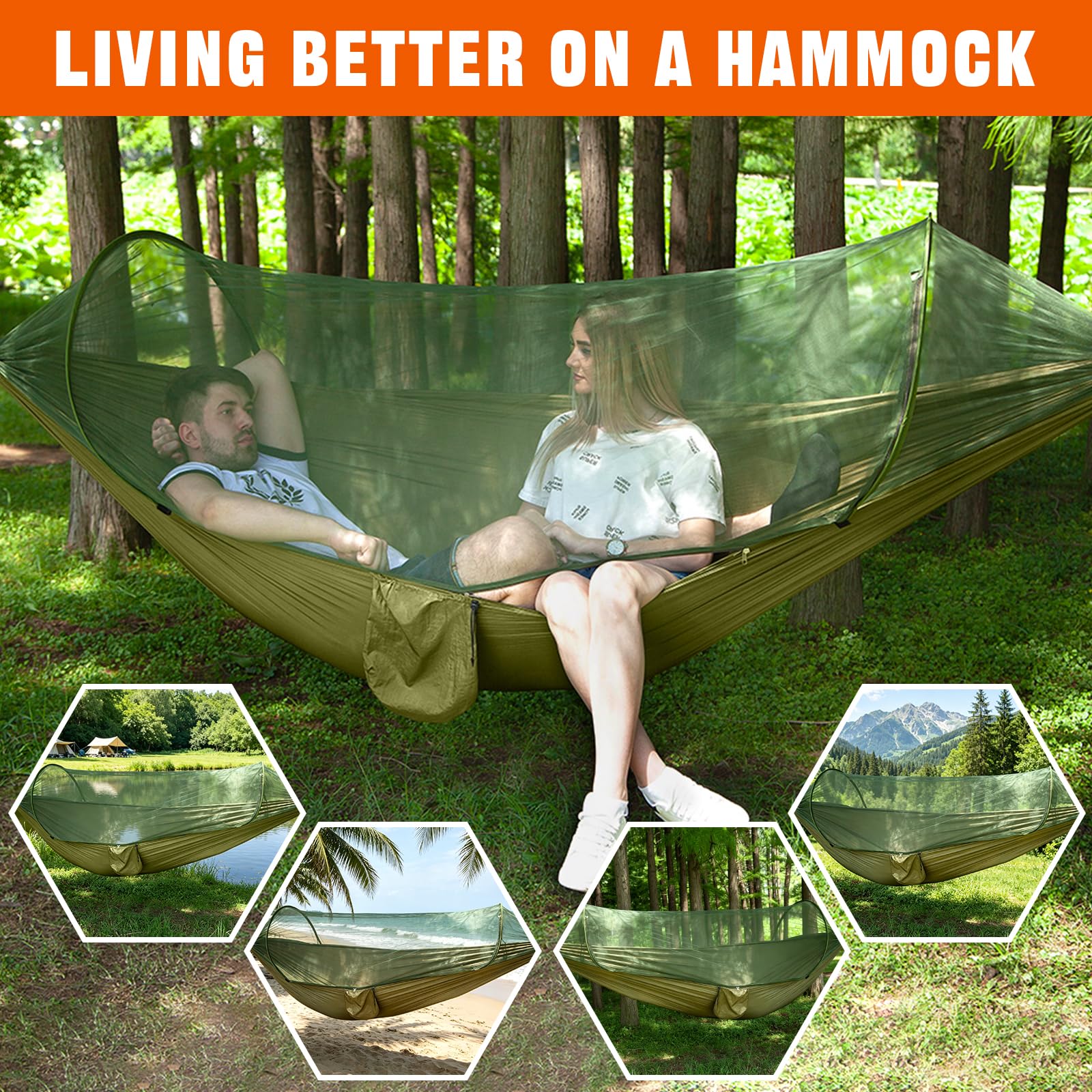 Ultra-Light Reisecamping Hängematte Moskitonetz Hängematte, 300 kg Tragkraft, atmungsaktiv Schnelltrocknendes Fallschirm-Nylon, 290 x 140 cm