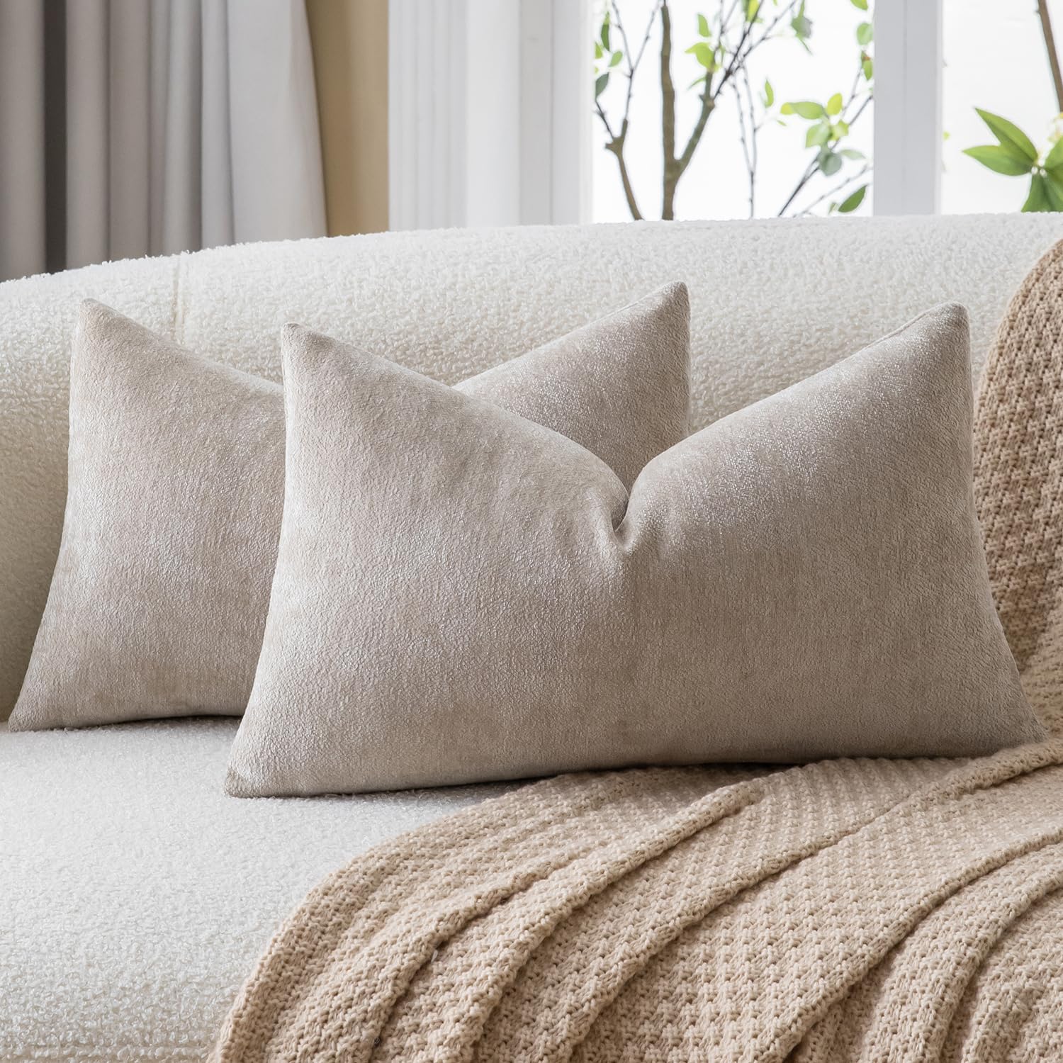 Mandioo Chenille Beige Cushion Covers 40x145cm 16x57 Inch Set of 2, Decorative Soft Thick Couch Pillow Covers Solid Accent Farmhouse Neutral Throw Pillow Cases for Sofa Bed Living Room