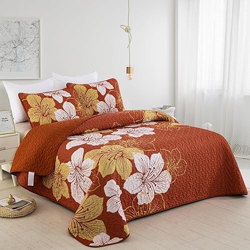 Miniatura 2 de DJY Juego de edredón de 3 piezas, tamaño King, con patrón floral dorado, colcha floral bohemia con 2 fundas de almohada, elegante juego de edredón