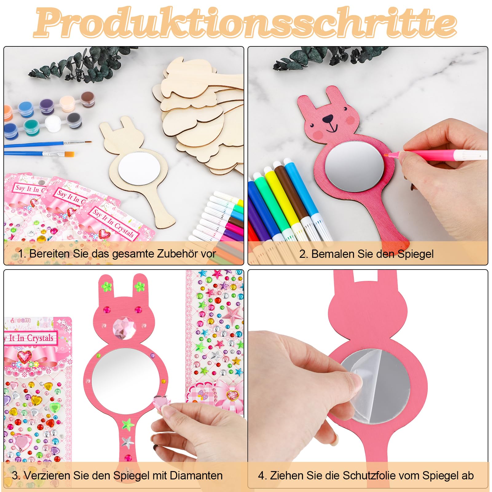 12-teiliges Einhorn-Spiegel-Set Zum Bemalen – DIY Holzspiegel Mit Griff, Inkl. Strasssteine & Stifte