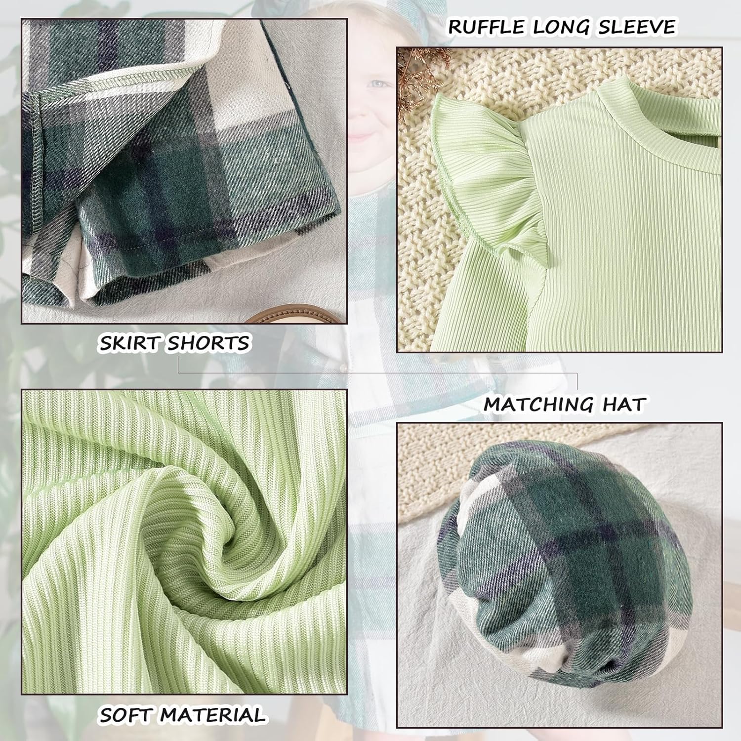 HINTINA Toddler Girl 4 Pieces Outfits Ruffles Long Sleeve Tops Plaid Skirt Jacket And Hat Fall Winter Clothes Set - Image 4