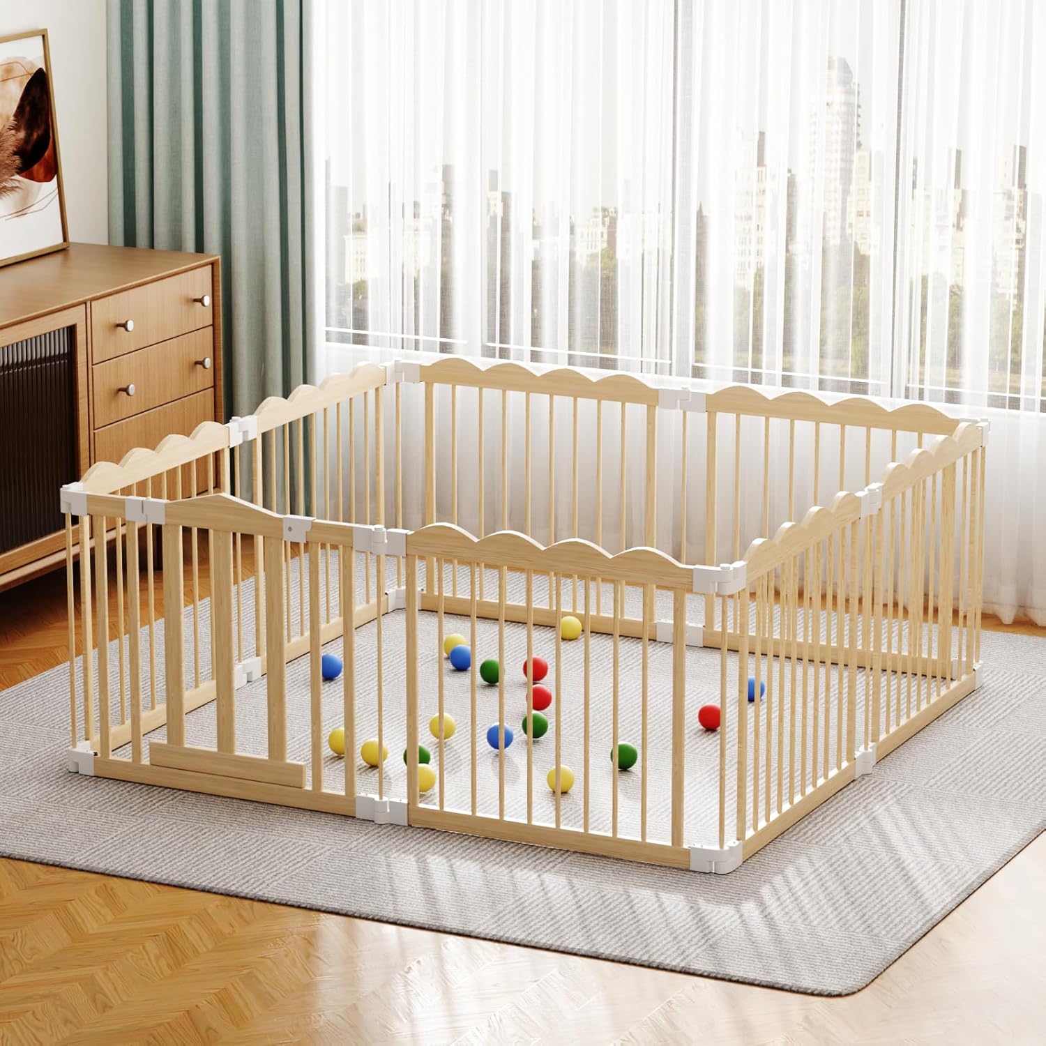 Play Pen for Babies 6-12 Months,Wooden Fence Large with Door Gate Kids Activity Area Center Indoor