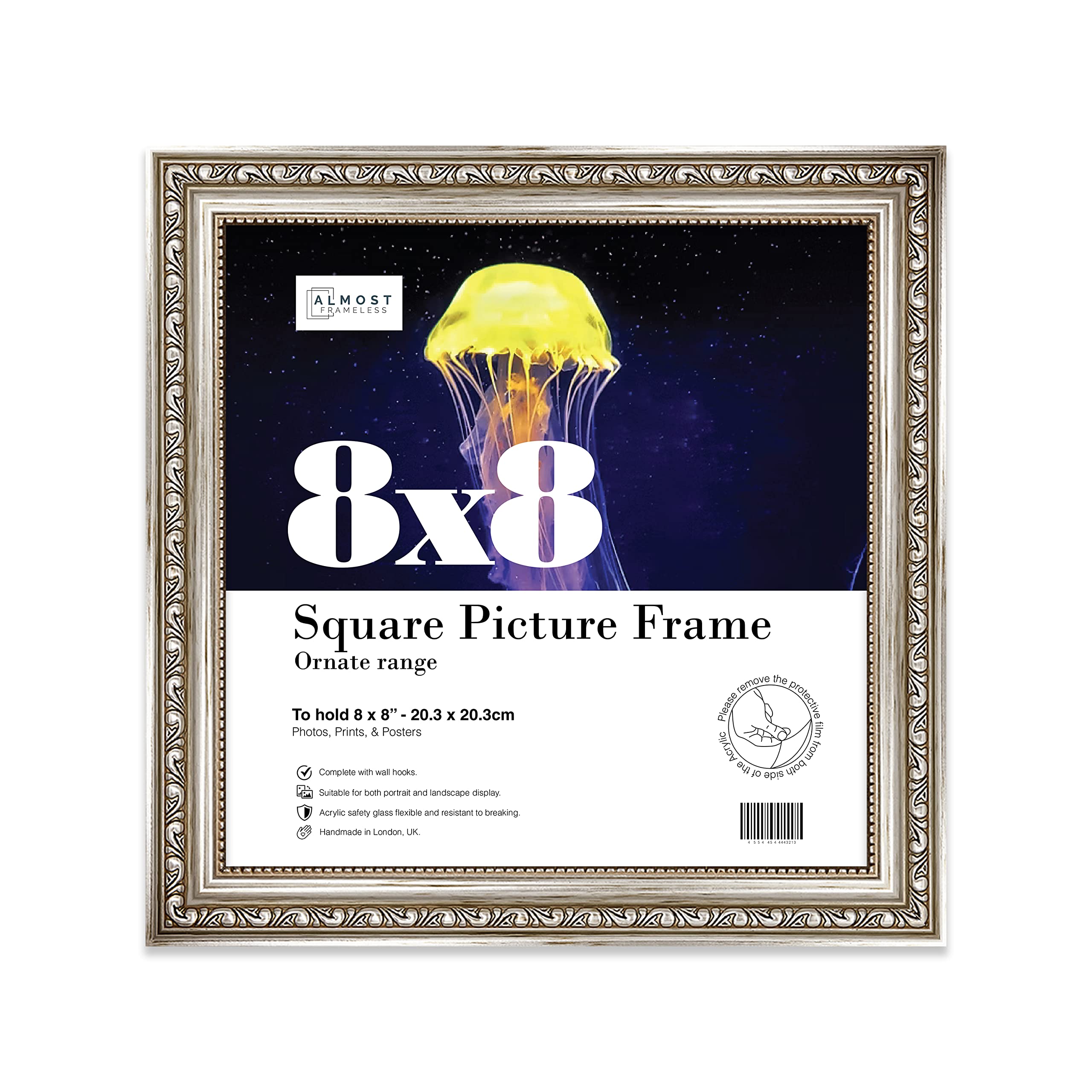 Almost Frameless 8x8 Silver Ornate Picture Frame 8"x8" (20.3x20.3cm) Poster, Photo, Artwork, or Print. Opulent Style Portrait and Landscape Display with Wall Hooks