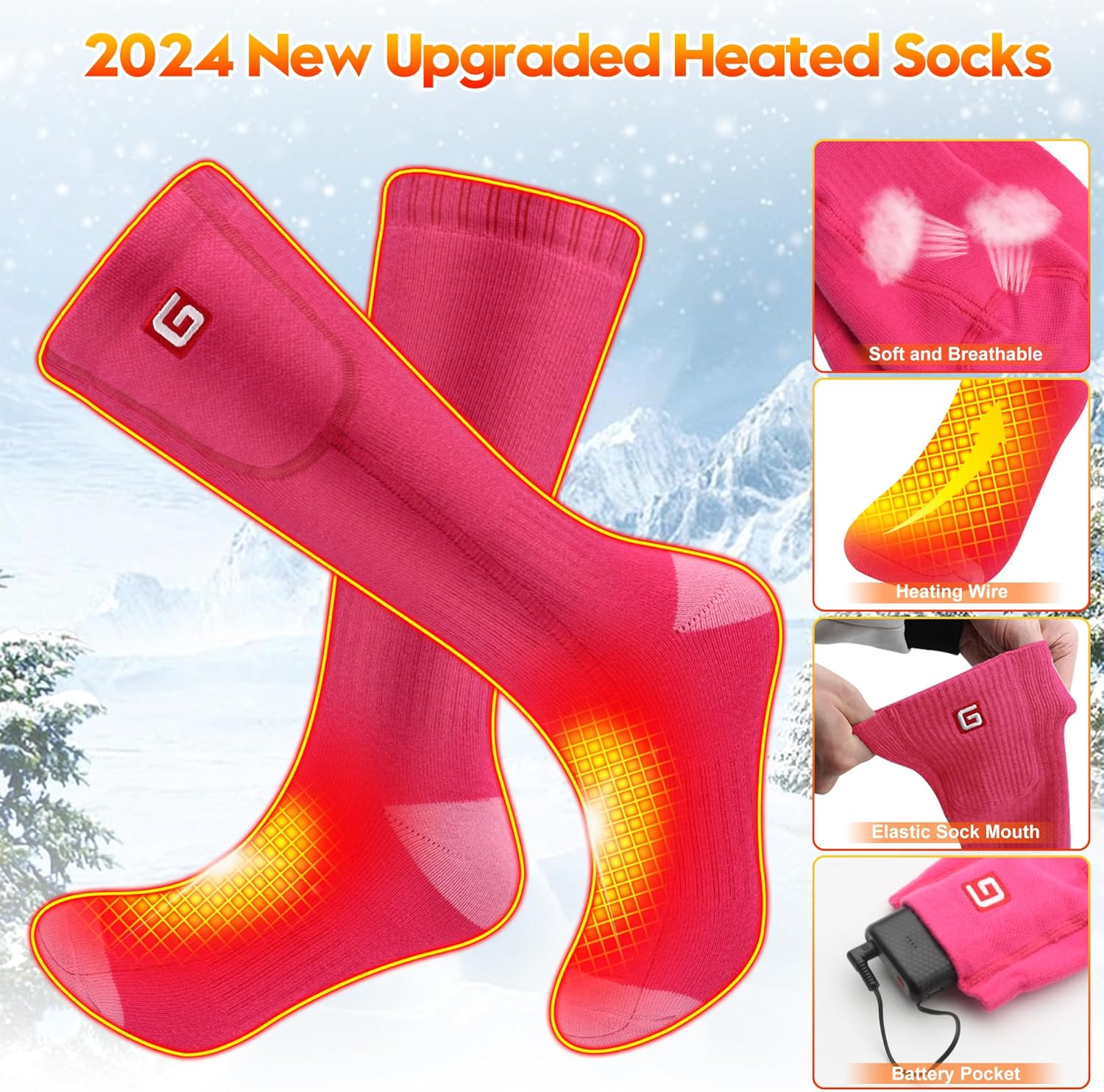 Rabbitroom Ladies Heated Socks Upgraded 4000mAh Battery Rechargeable Washable Women Socks with 3 Levels Setting,Arthritis Relief Foot Warmers for Winter Skiing, Hunting Outdoor Activities(Medium Size)