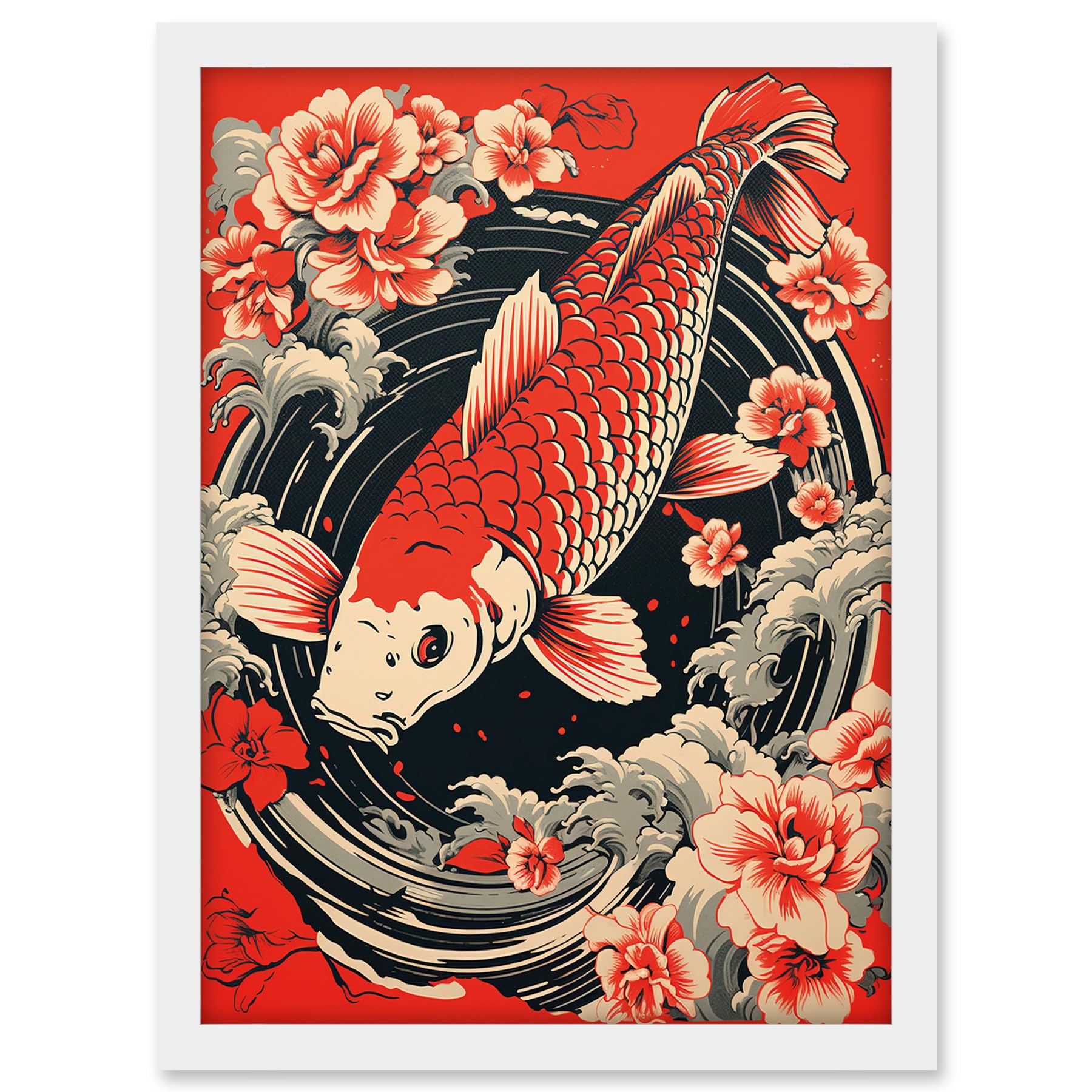 Artery8 Koi Fish Carp Japanese Whirlpool Red Black Floral Illustration Artwork Coy Artwork Framed A3 Wall Art Print