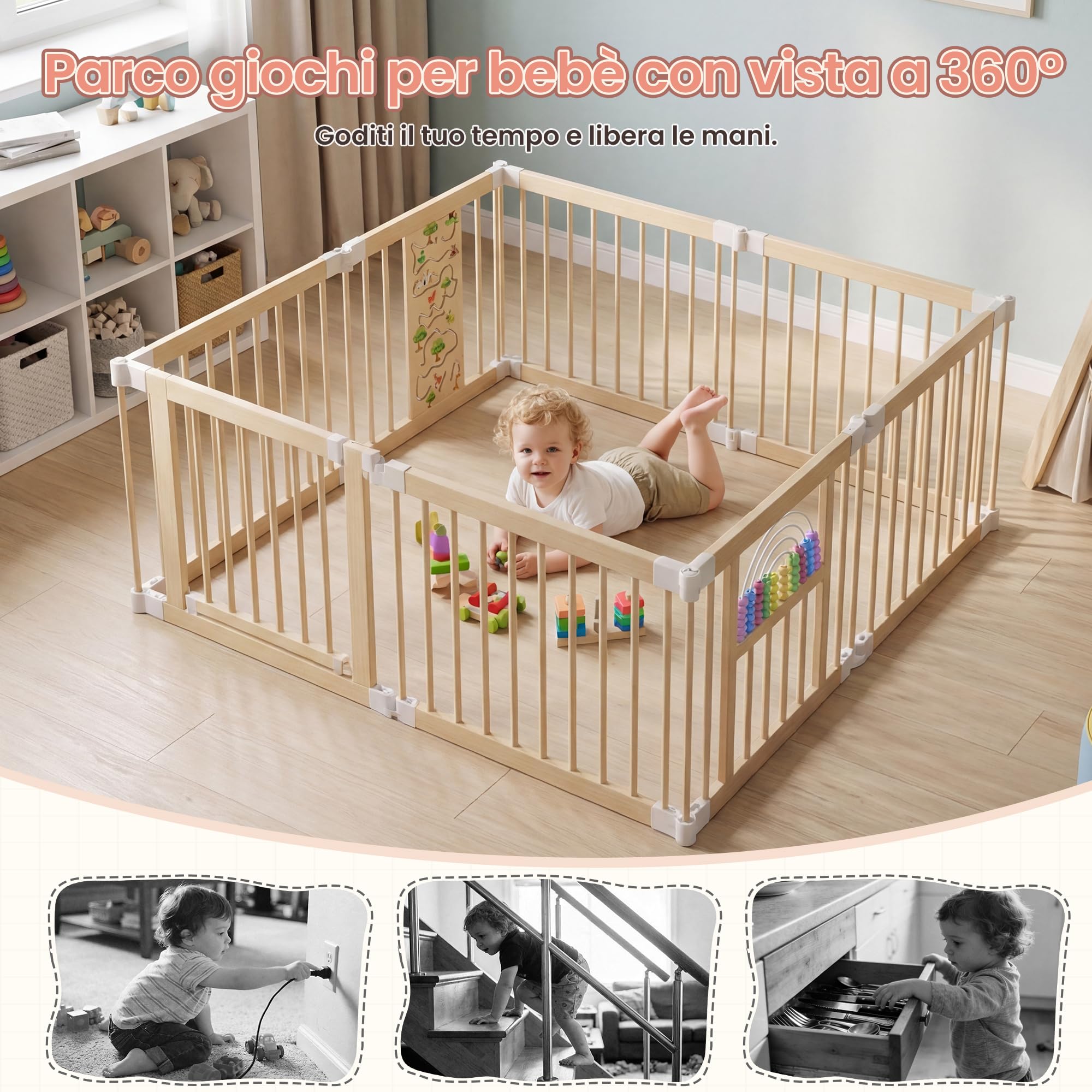 BLEKOO Recinto per bambini in legno con centro giochi – 140 x 140 cm Box bambini pieghevole | Recinto in legno regolabile con giochi e cancelletto (8 pezzi)