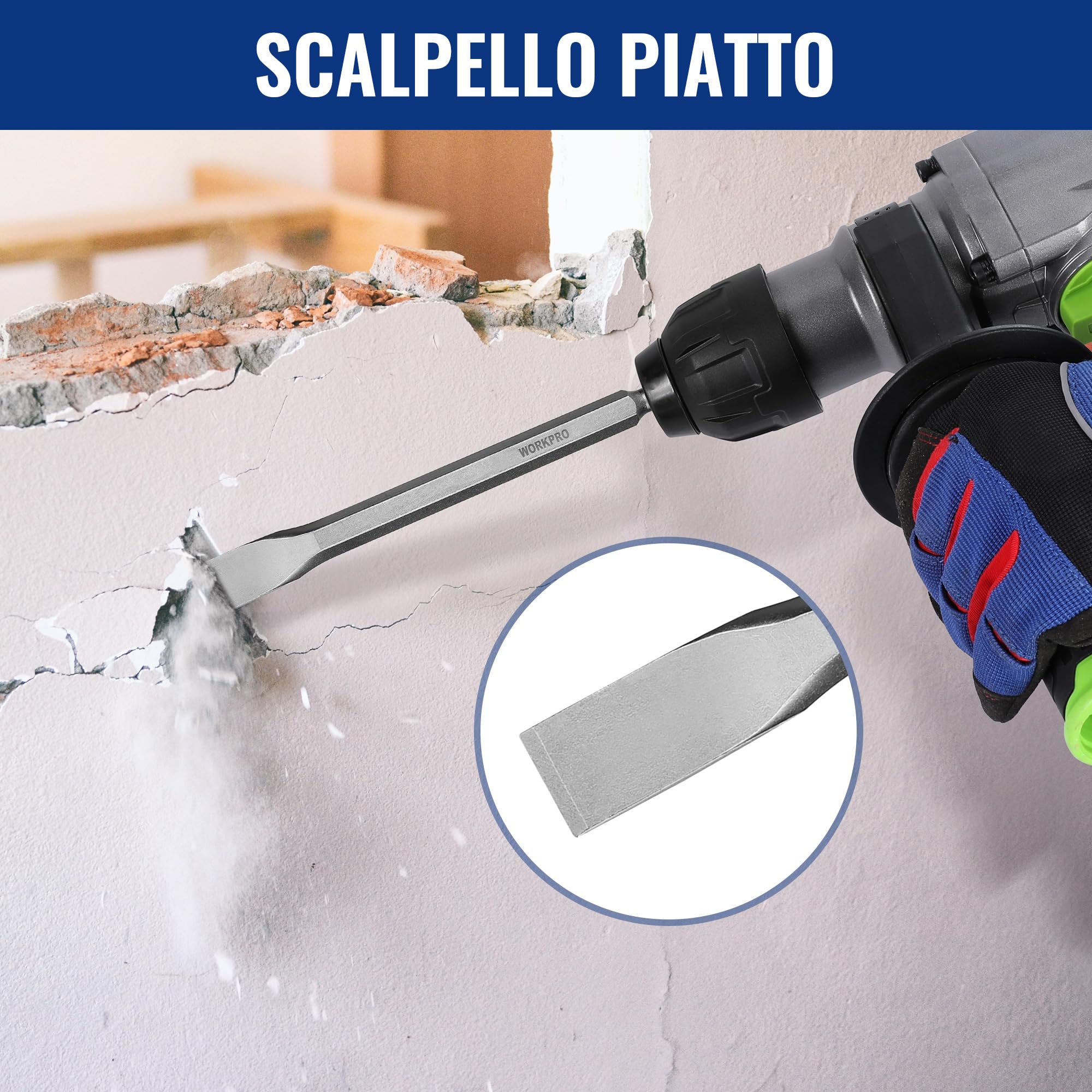 WORKPRO Set di Punte e Scalpelli SDS Plus da 17 Pezzi, Accessori per Trapano a Percussione, con Custodia, per Calcestruzzo, Piastrelle, Mattoni, Cemento, Pietra e Muratura