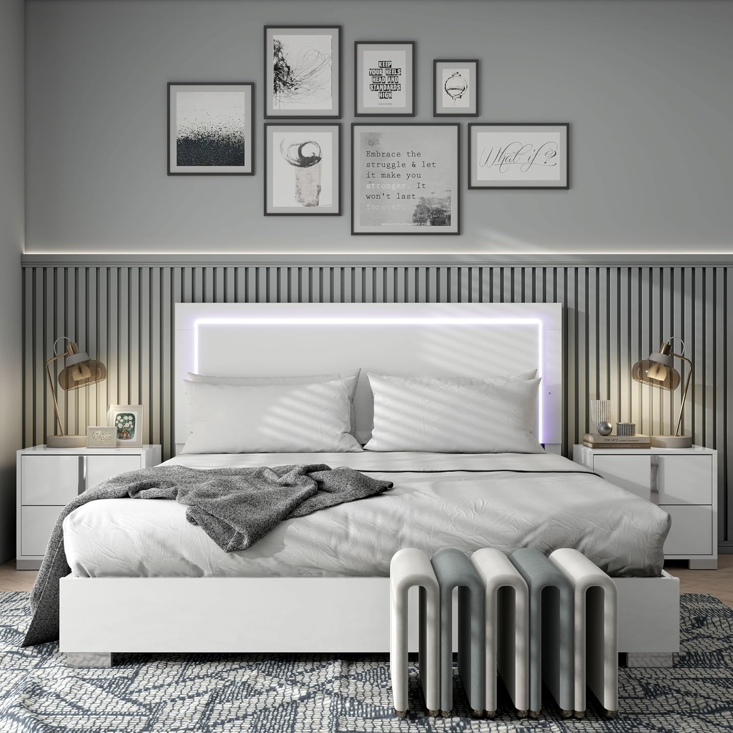 Furniture of America Alistair Modern Wood Bed Frame with LED Headboard and Footboard, Wooden Bedframe for Bedroom, Guest Room, Box Spring Required, White, Queen