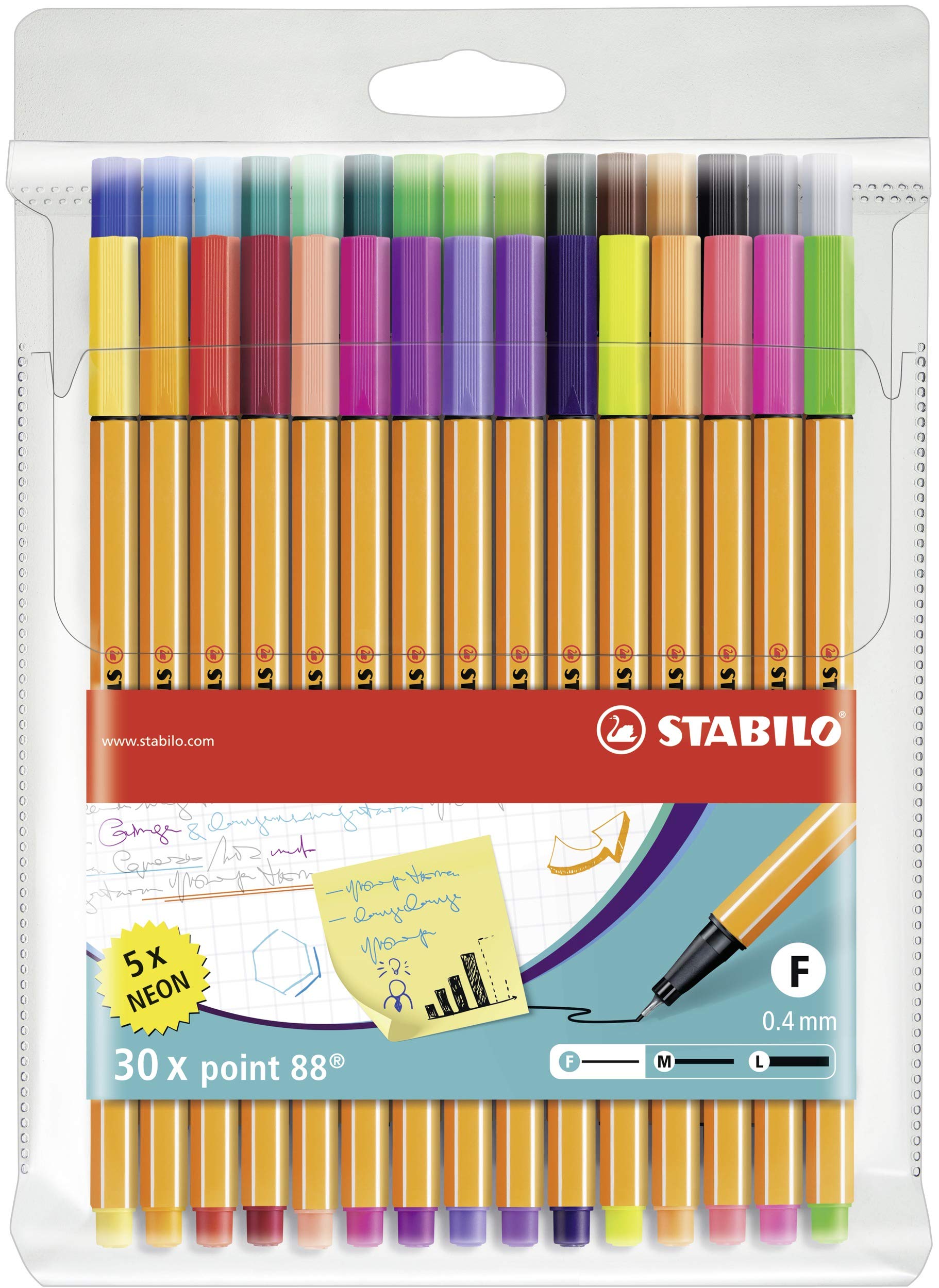STABILO Fineliner point 88 - Pack of 30 - Assorted Colours including 5 Neon