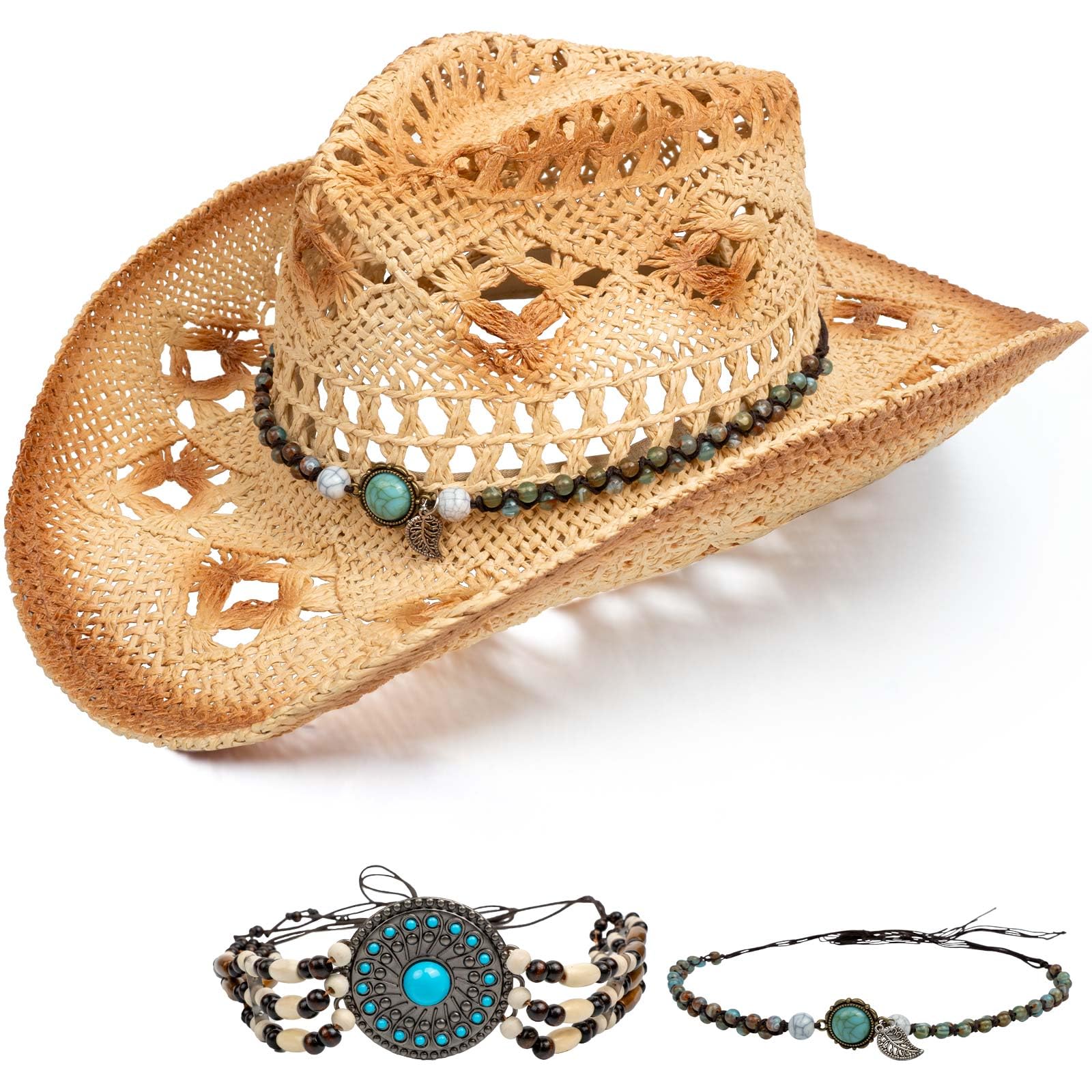 JremPan Cowboy Hat Straw Cowboy Hats for Women Men Beige Coastal Cowgirl Hat with Shapeable Brim Summer Country Woven Hats with Two Decorative Bands for Beach and Outdoor Activities