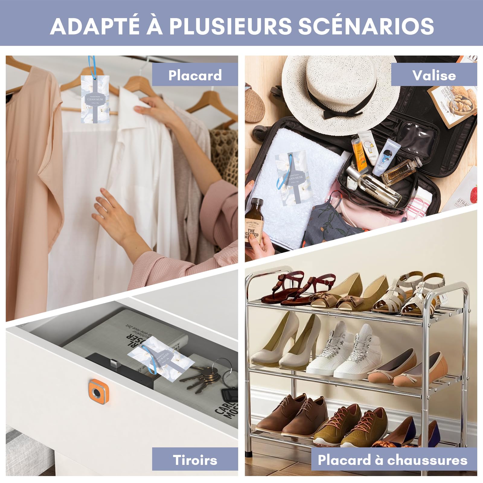 Sachet Parfumé Armoire Musc Propre, 14 Sachets pour Armoire, Placard, Tiroir, Dressing et Linge