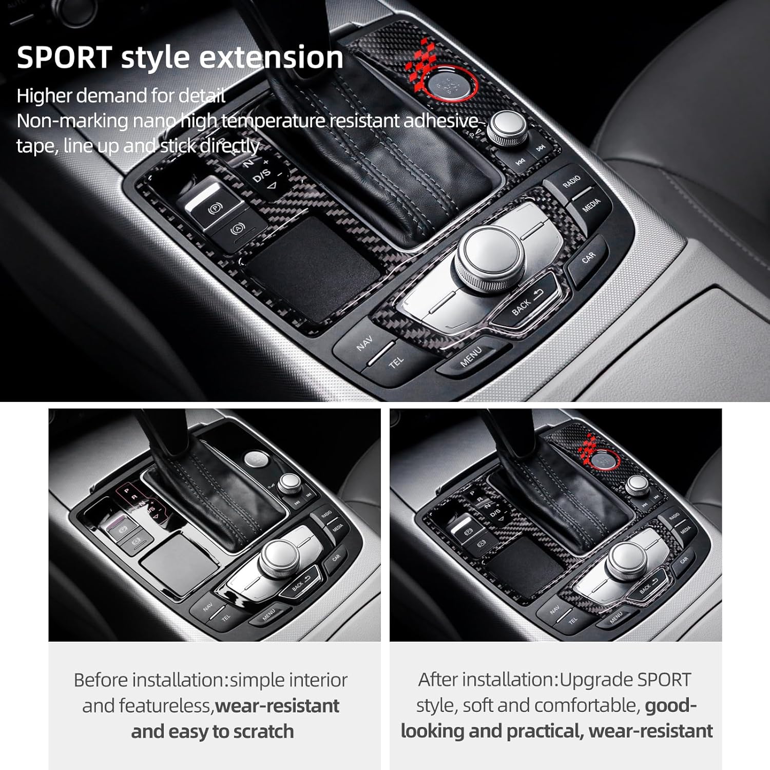 BETTERHUMZ Carbon Fiber Gear Shift Panel Frame Sticker Compatible with Audi A6 C7 RS6 S6 A7 4G8 S7 RS7 2012-2018 Center Console Multimedia Switch Panel Cover Interior Accessories (Black)