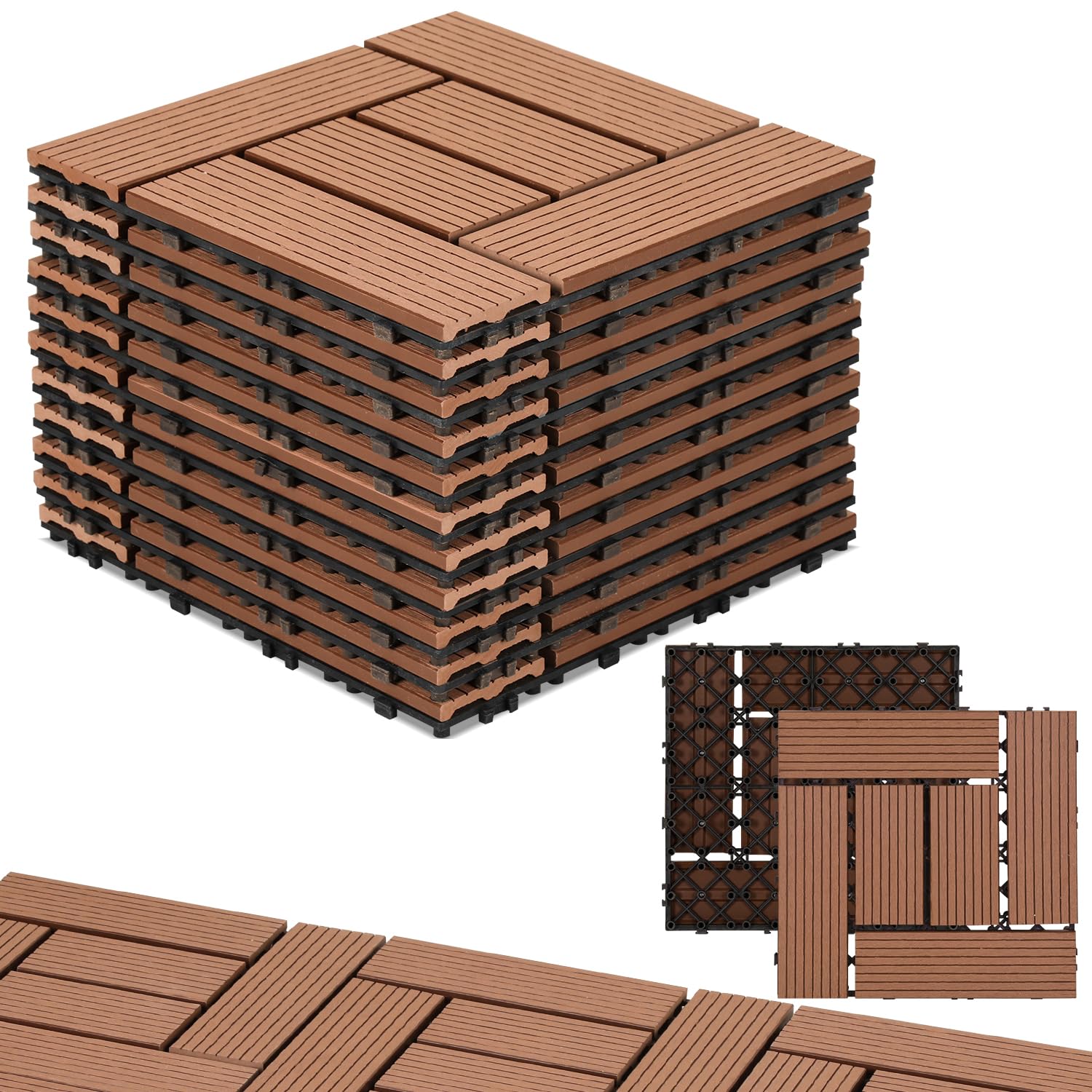 Randaco Baldosas para terraza de WPC, 30 x 30 cm, juego de 44 para 4 m², sistema de clic, suelo para balcón y terraza, tablones de terraza, resistentes a la intemperie con drenaje, marrón