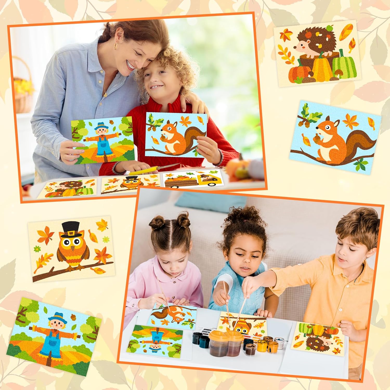 Naozinebi 24 Set Thanksgiving Sand Art Kits with Brush Sand Painting Fall Coloring Craft Kits Create Make You Own Autumn Art DIY Pumpkin Sticker Sand Art Craft for Kids School Home Game Activity Gift