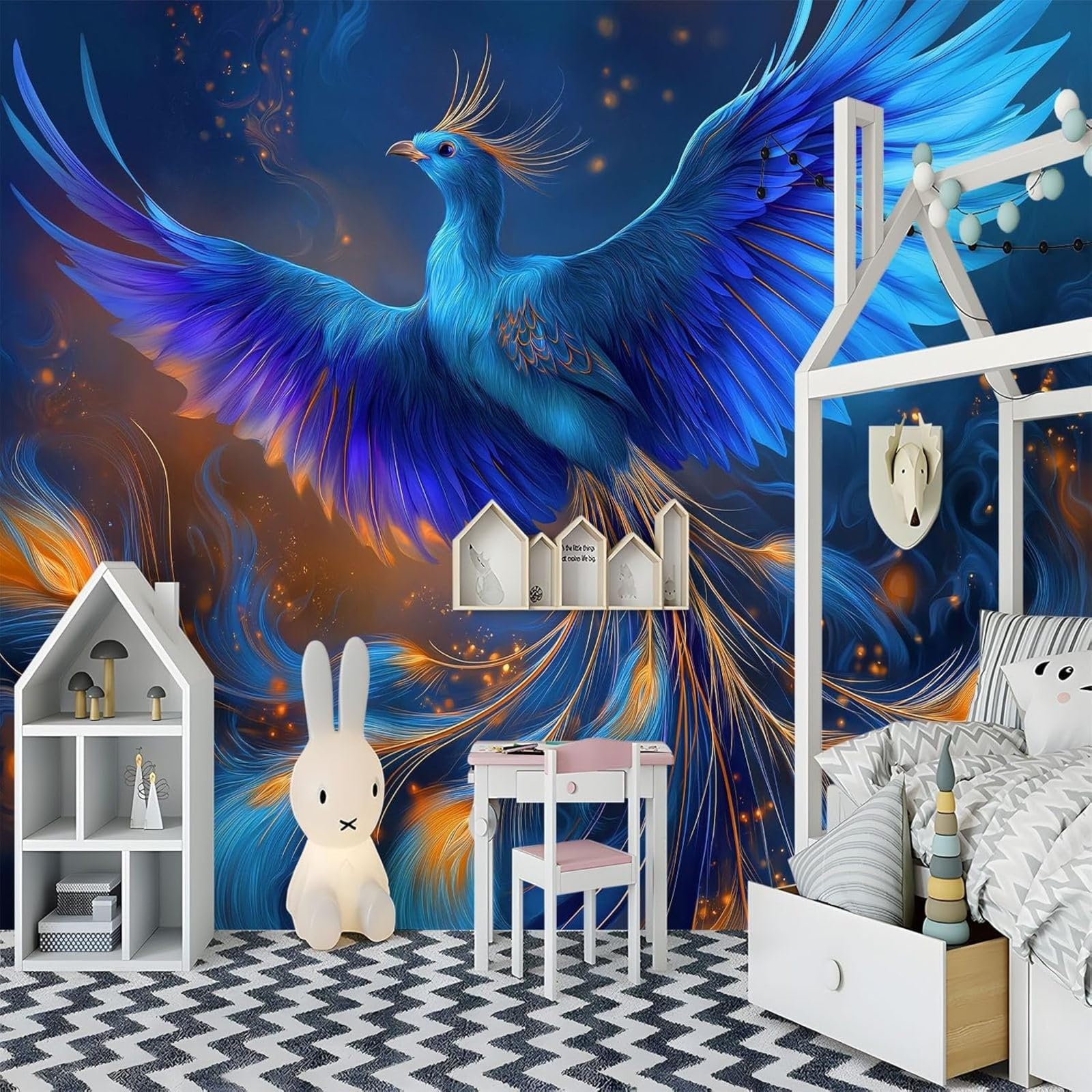 Non-woven photo wallpaper, fantasy flowers for living room, kitchen, TV background; non-woven wall mural, flames, phoenix - modern wall painting, blue, 250cm x 175cm; stickers - frameless painting - p