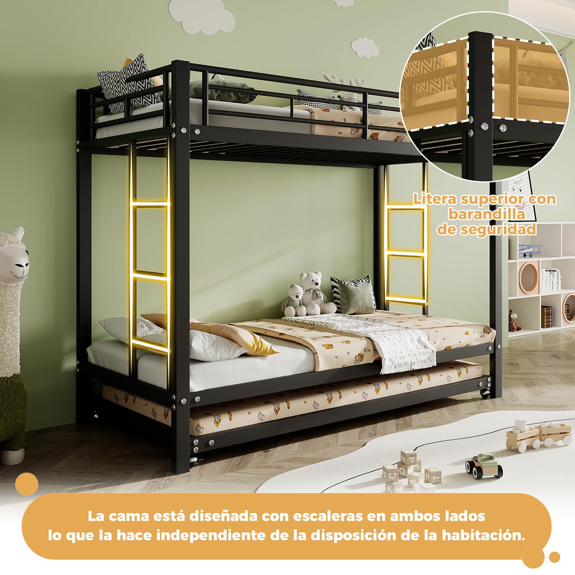 Literas 3 Camas 90x200 cm con Cama extraíble 90x190 cm Incluidas Las Pastillas de Freno, Marco de Camas de Metal con Barreras de Seguridad, con somier de láminas, sin Colchón, Negro