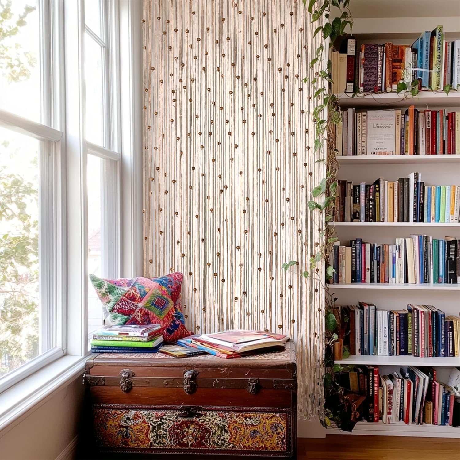 Rideau de perles bohème en macramé fait à la main avec perles en bois pour fenêtre, porte, armoire ouverte, chambre à coucher, salon, décoration d'intimité, 200,7 x 91,4 cm (L x l), marron
