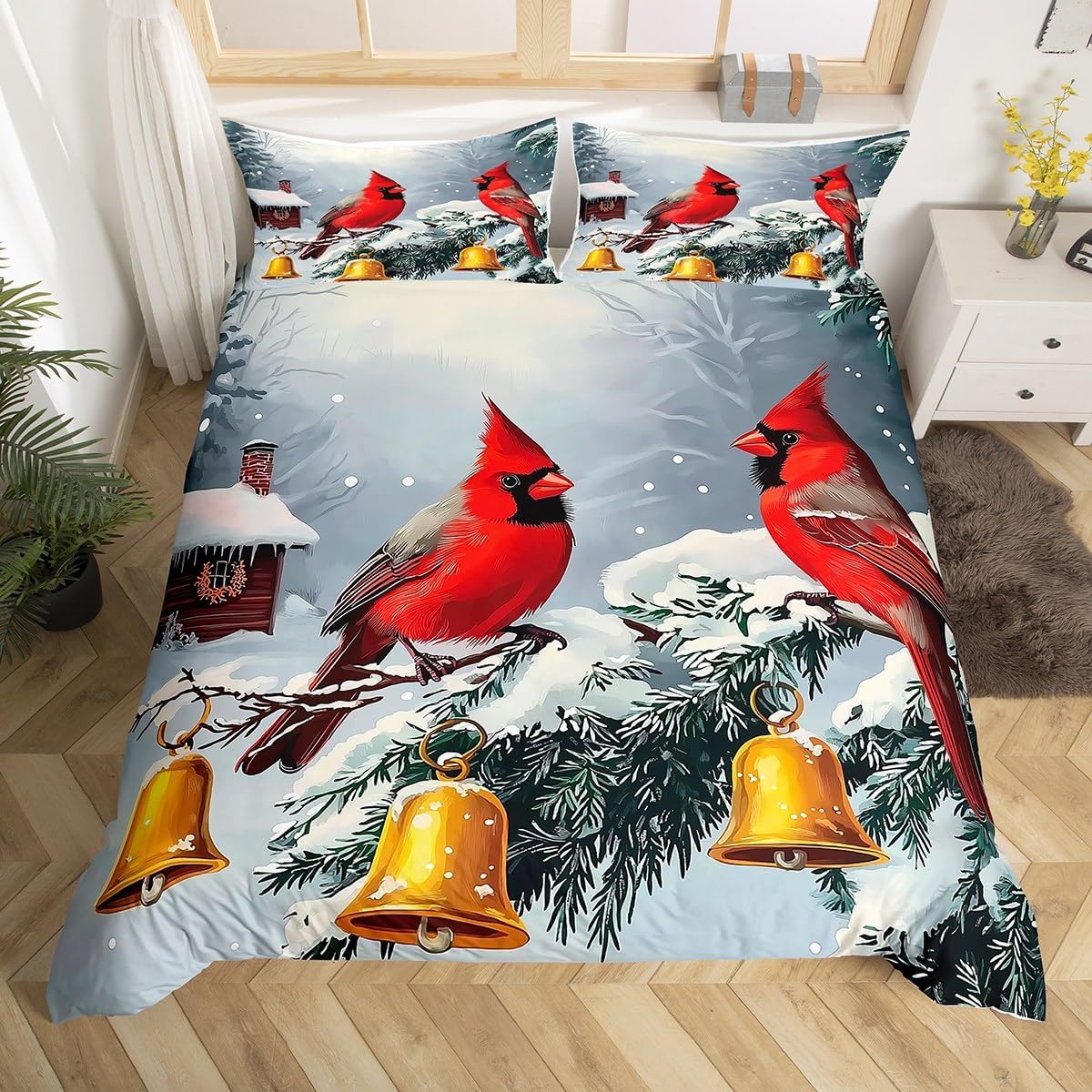 Manfei Cardinal Red Bird Decorations Beddding,Snowflakes Winter New Year Duvet Cover for All Season,Jingling Bell Kids Bedroom Decor Comforter Cover (No Filler) Full Size,3PCS