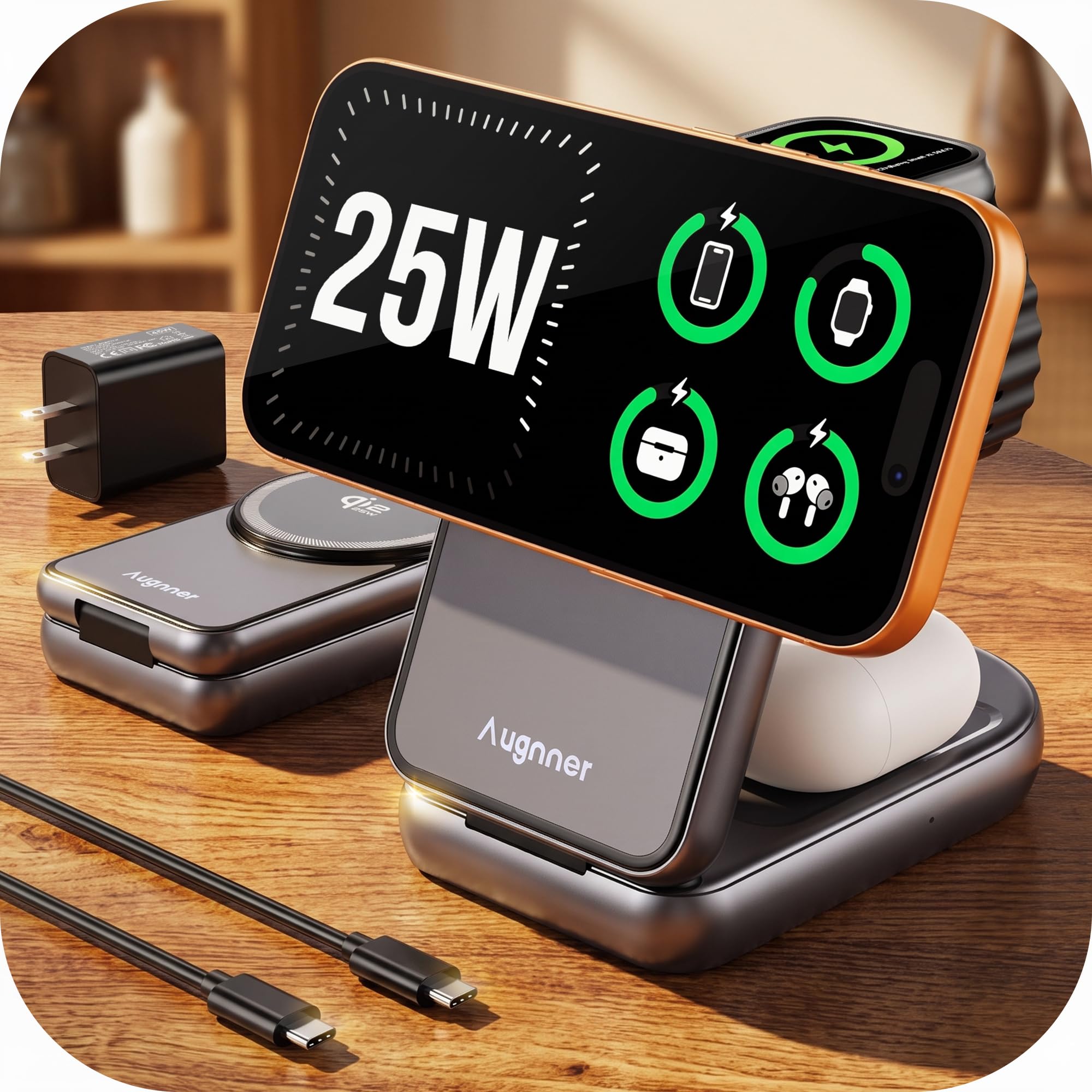 Augnner Qi2.2 25W 3 in 1 stazione di ricarica wireless per Apple