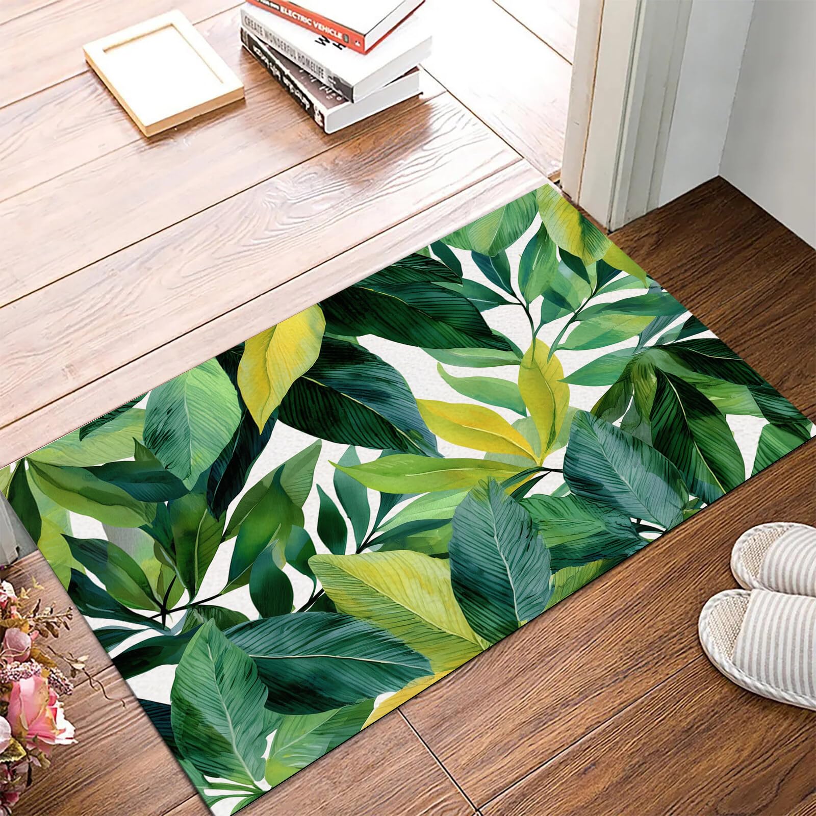 Schmutzfangmatte 80X120Cm, Frische Blätter Rutschfeste & Waschbare Fußmatte Innen, Saugfähiger Türvorleger, Wasserdicht, Ideal Frische Aquarellmalerei Für Eingangsbereich, Haustür & Flur, Gelbgrün
