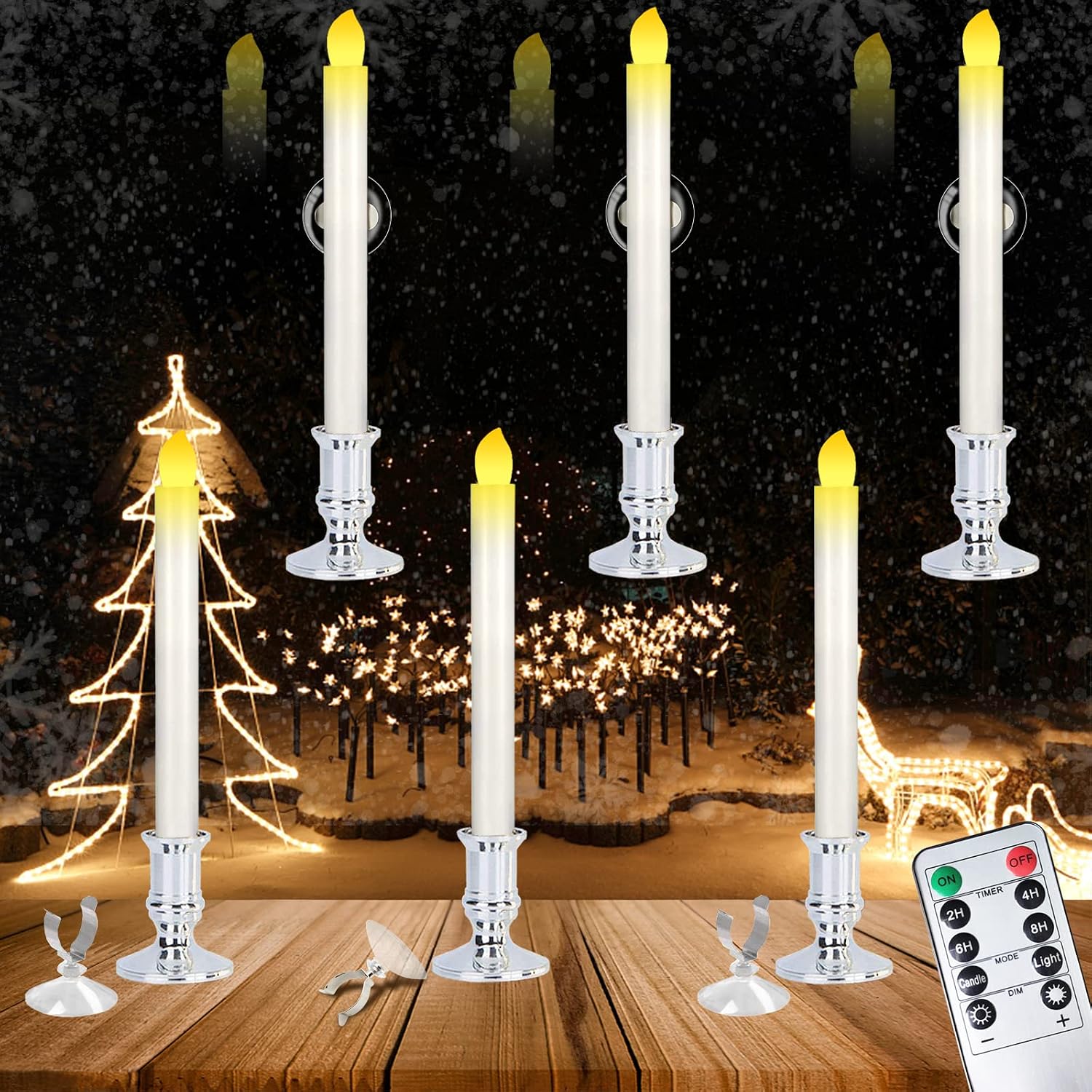 6PACK Flameless Window Candles Set. with 6 Clips+6 Suction Cup+6 Silver Candleholders. Battery Powered Ivory Taper Candles with Remote and Timer & Candlestick.Remote Included.Christmas Decor Candles