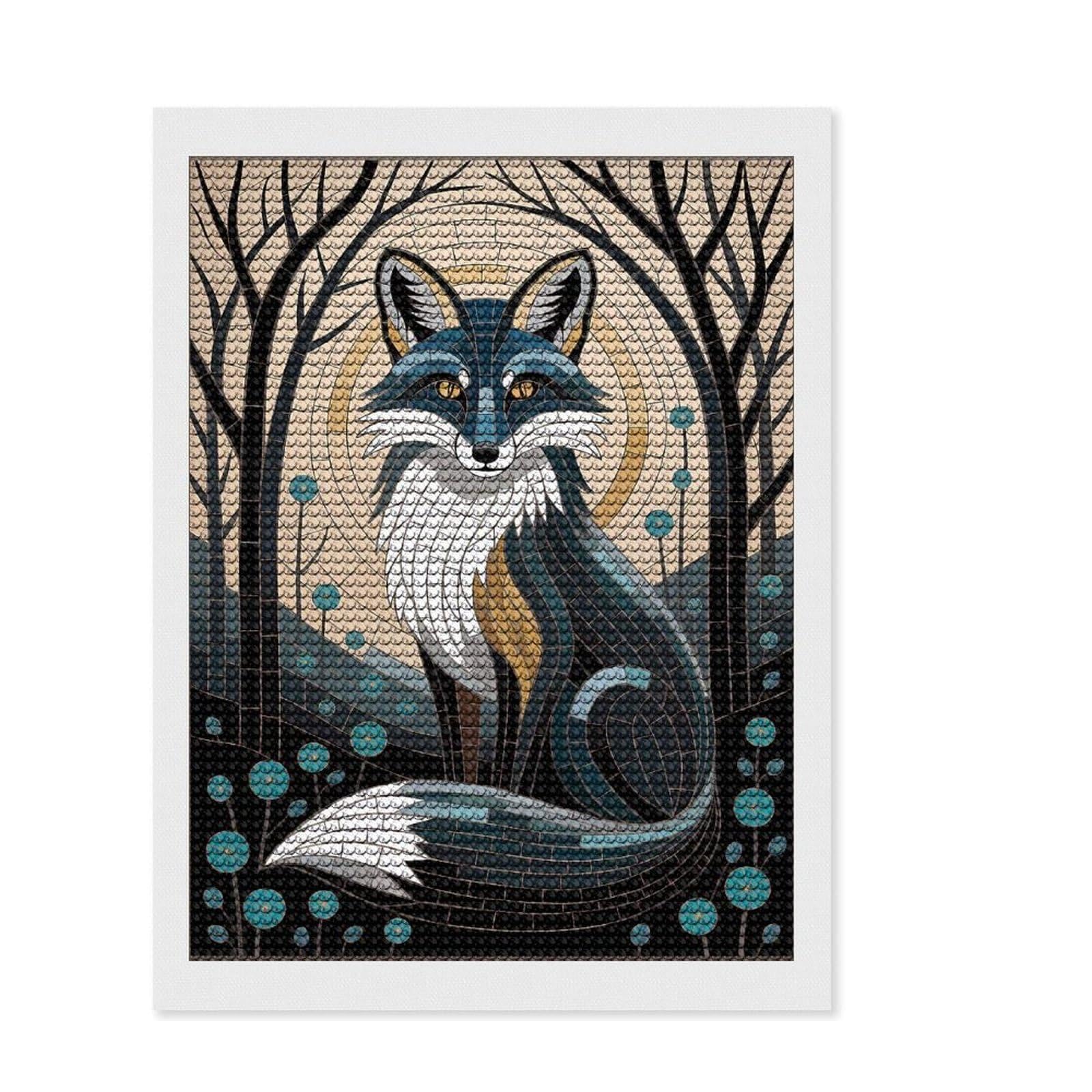 Junmoney Mosaic Fox in Forest Diamond Art Canvas 12"x16", Adhesive Canvas, Easy to Enjoy, Living Room Decor, Birthday Gift, Simple to Start