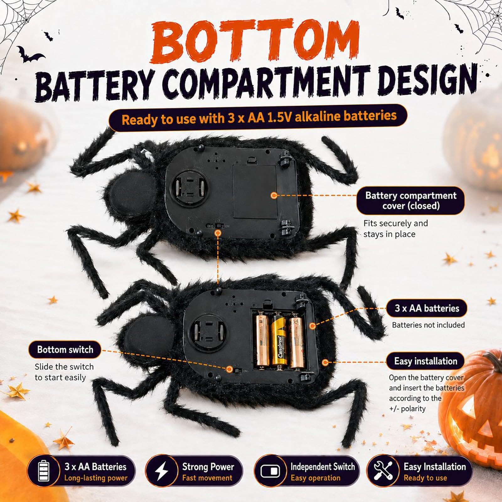 Halloween-Spinne Dekoration Schwarz mit Roten Augen 150 cm，Schwarz-2pcs | Gruselig & Realistisch, Innen- & Außenbereich, Biegbare Beine, Für Partys & Streiche, Überlebensgroß 80 cm hoch