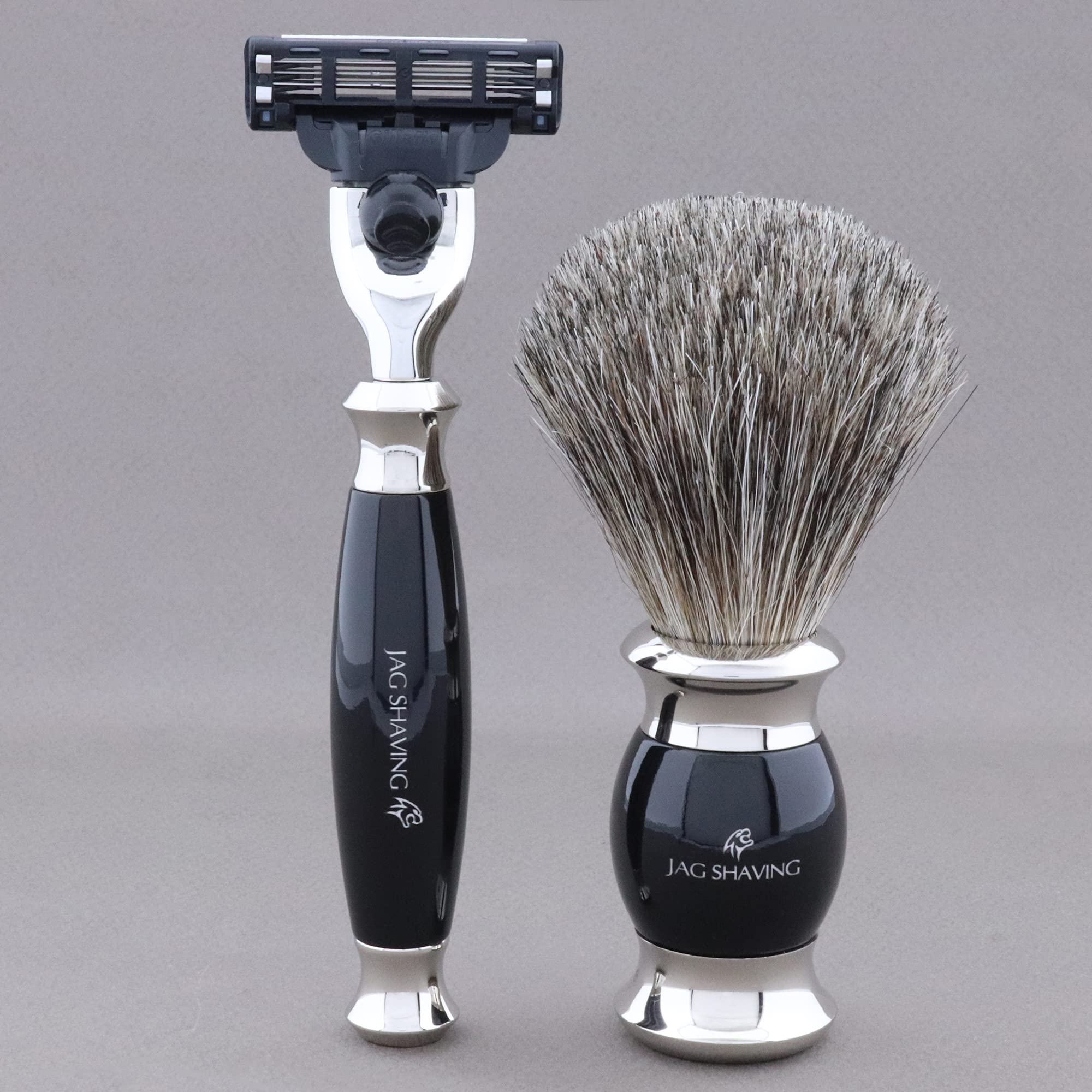 Jag Shaving - Set da barba da 3 pezzi con pennello da barba, 3 lamette da rasoio, pennello da barba super per capelli di tasso – supporto per rasatura – set da barba nero come set regalo